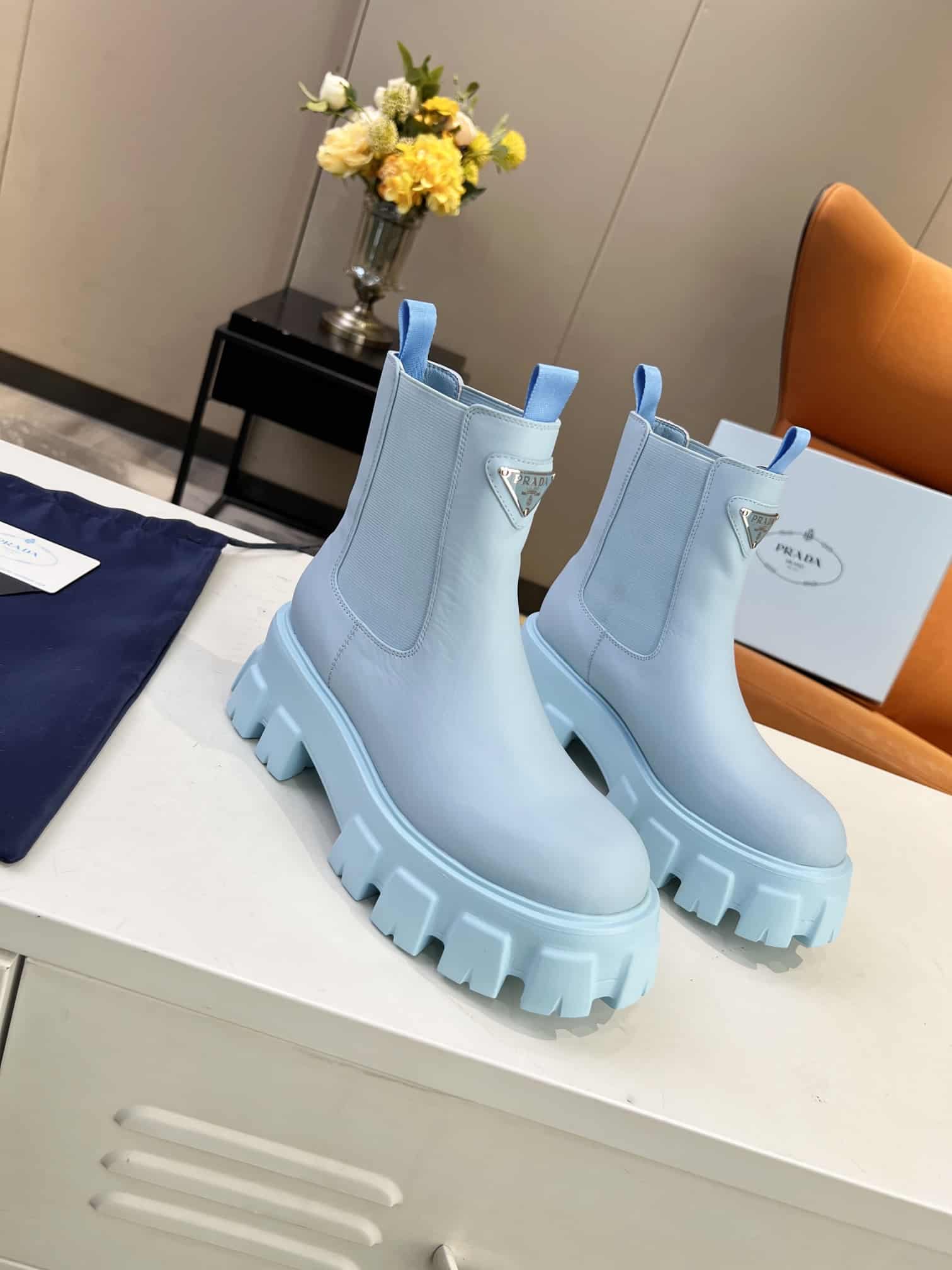 Prada Monolith Brushed Leather Booties Blue