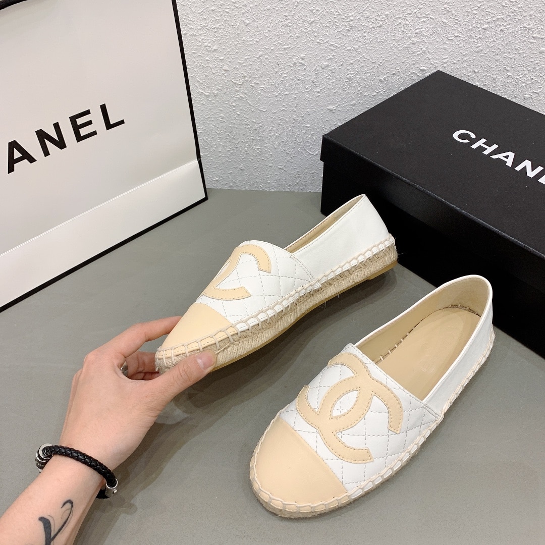 Chanel Cc Espadrilles Slip On White Beige