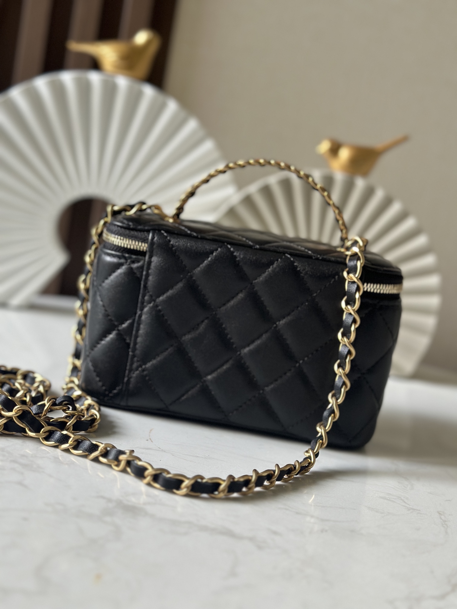 Black Lambskin Quilted Vanity Case with Chain Handle & Gold Hardware