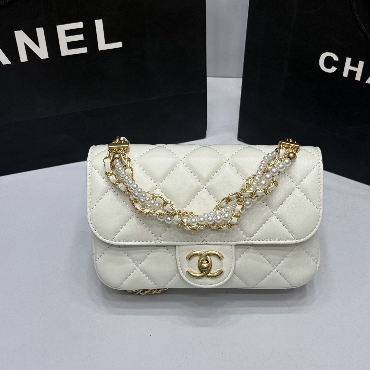 Chanel Pearls & Gold-Tone Metal  Ecru Mini Flap Bag