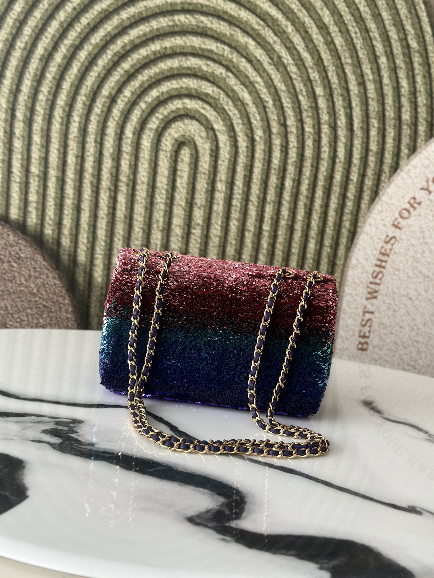 Limited Edition Ombré Rainbow Sequin Mini Classic Flap Bag with Gold-Tone Hardware