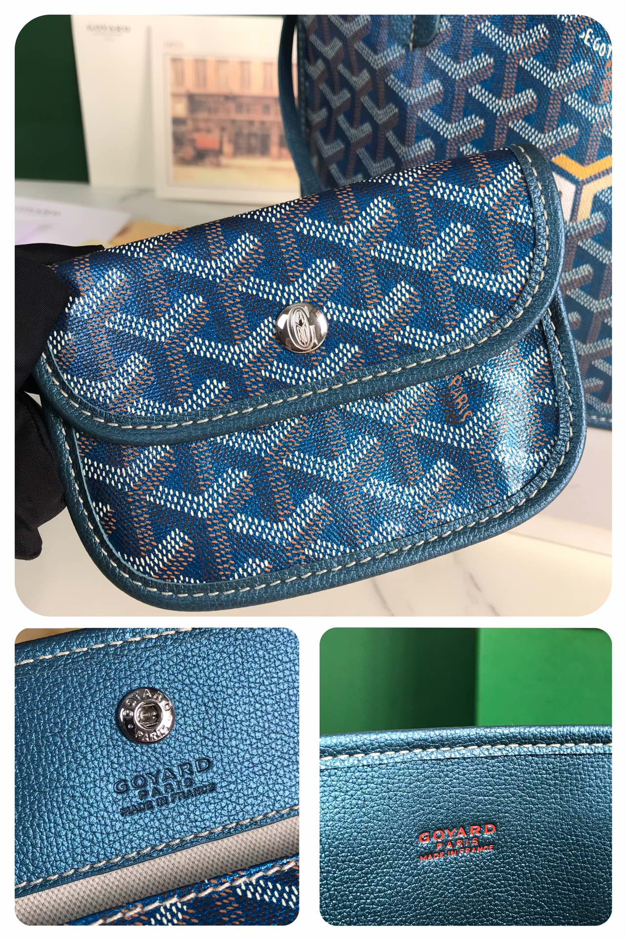 Goyard Anjou Mini Bag 20Cm Deep Blue Canvas Chevroches Calfskin