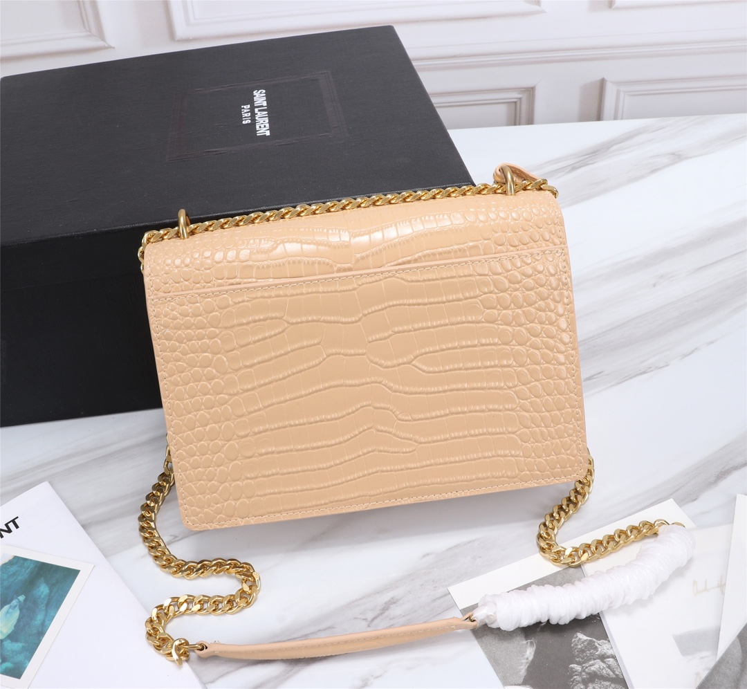 Saint Laurent Sunset Medium Chain Bag In Crocodile Embossed Shiny Apricot 22Cm