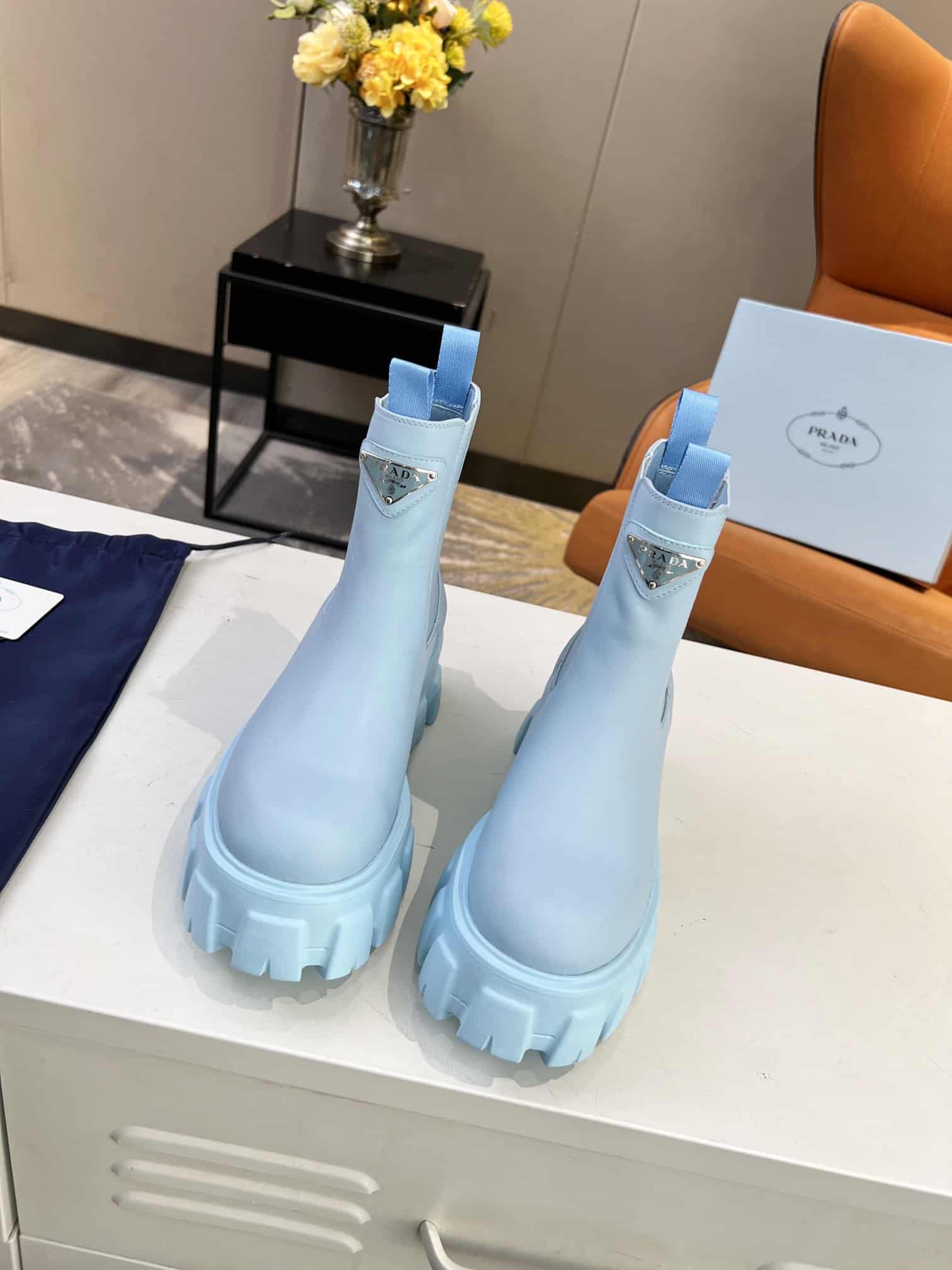Prada Monolith Brushed Leather Booties Blue
