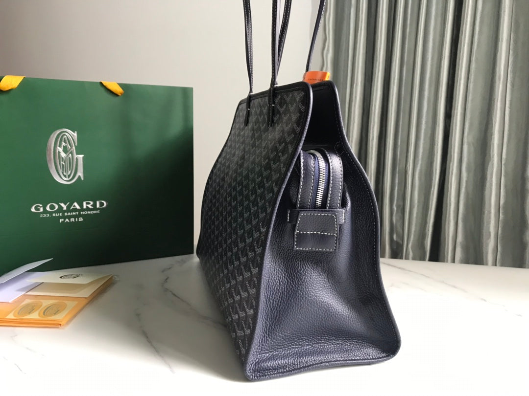 Goyard Hardy Pm Bag 40 Cm Navy Blue Goyardine Canvas And Black Taurillon Leather Trim
