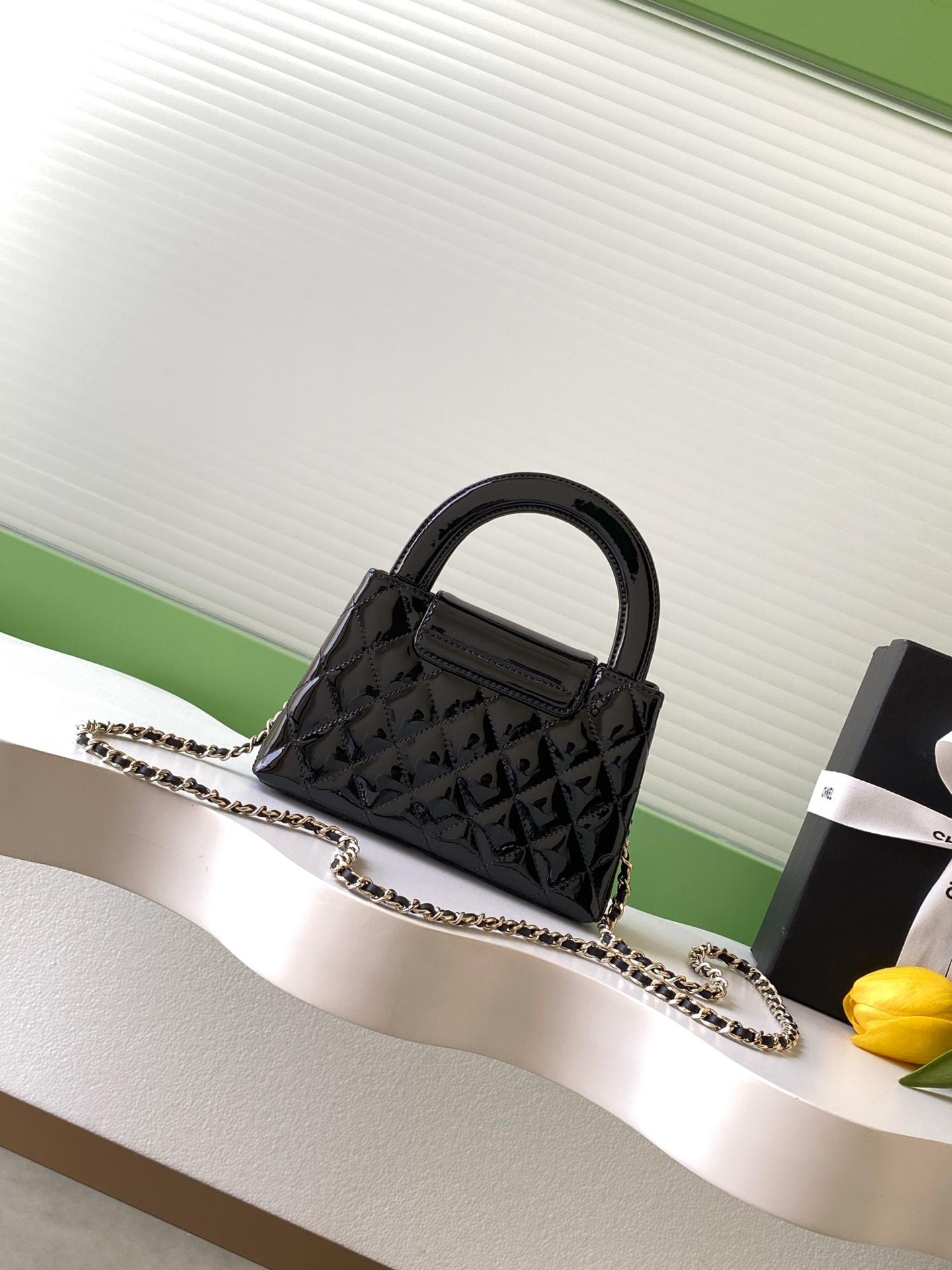 26C Mini Top Handle Flap Bag (Kelly Bag) in Black Quilted Patent Calfskin with Light Gold-Tone Hardware