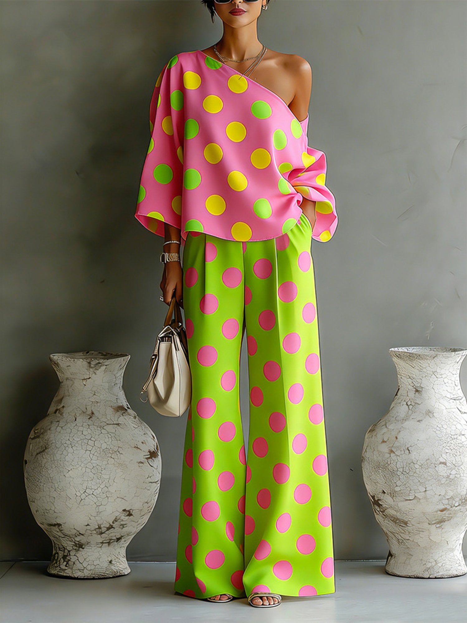 Flowy Polka Dot Two-Piece Set for Vacation & Everyday Comfort