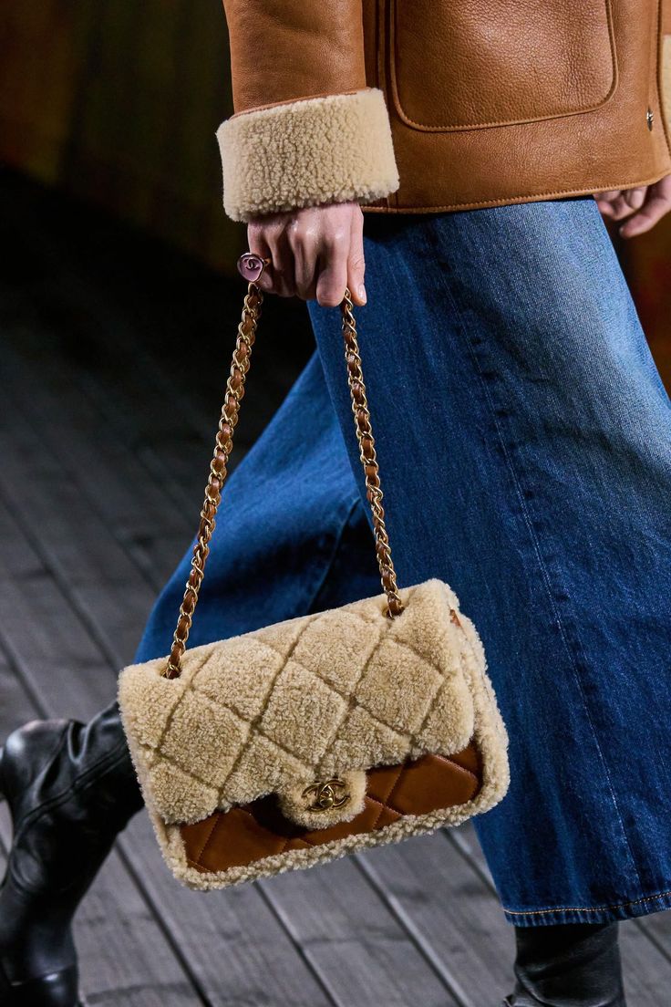 Chanel Flap Bag Shearling Beige And Brown 23Cm