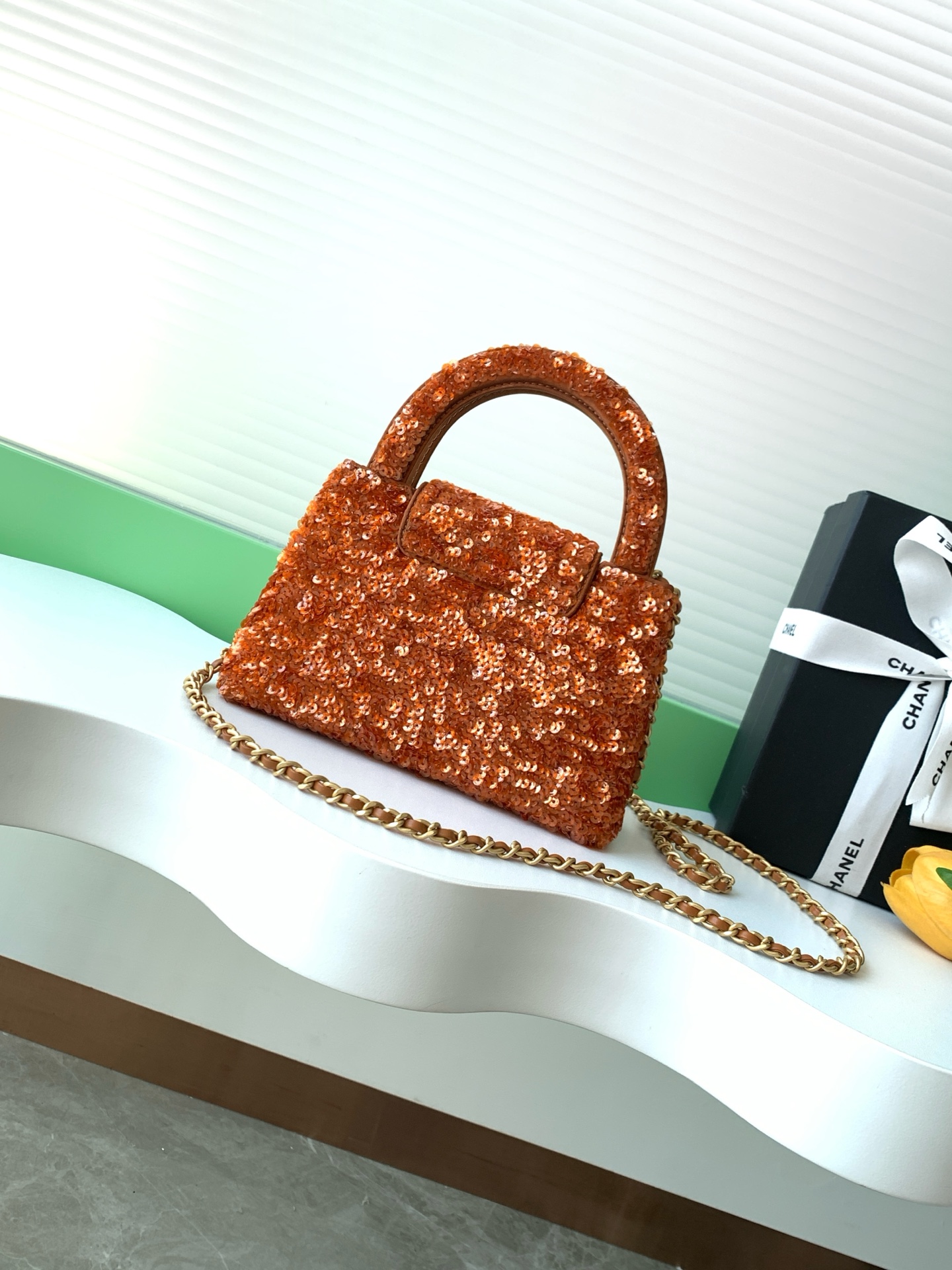 Mini Kelly Top Handle Bag (AS4416) in Caramel Orange Sequins with Light Gold-Tone Hardware