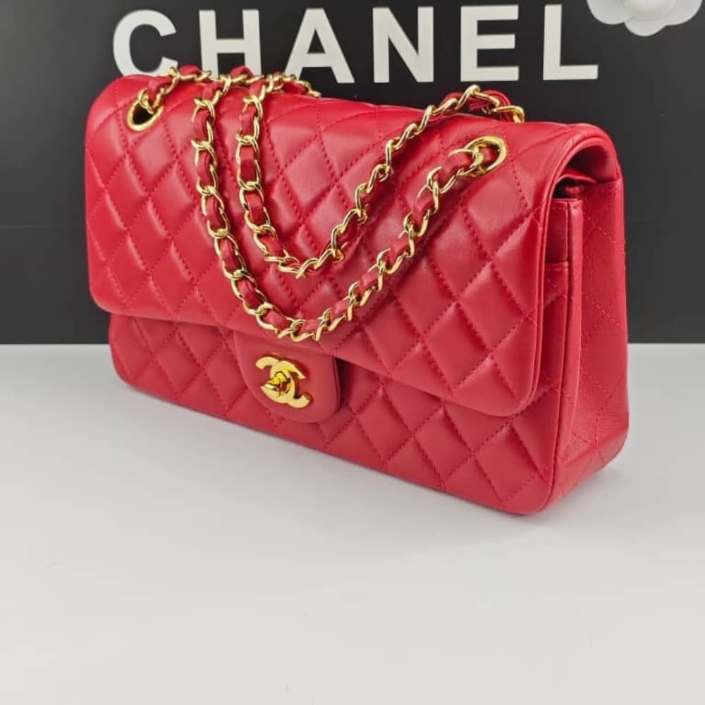 Chanel Medium Classic Double Flap Red Gold Hardware 25Cm