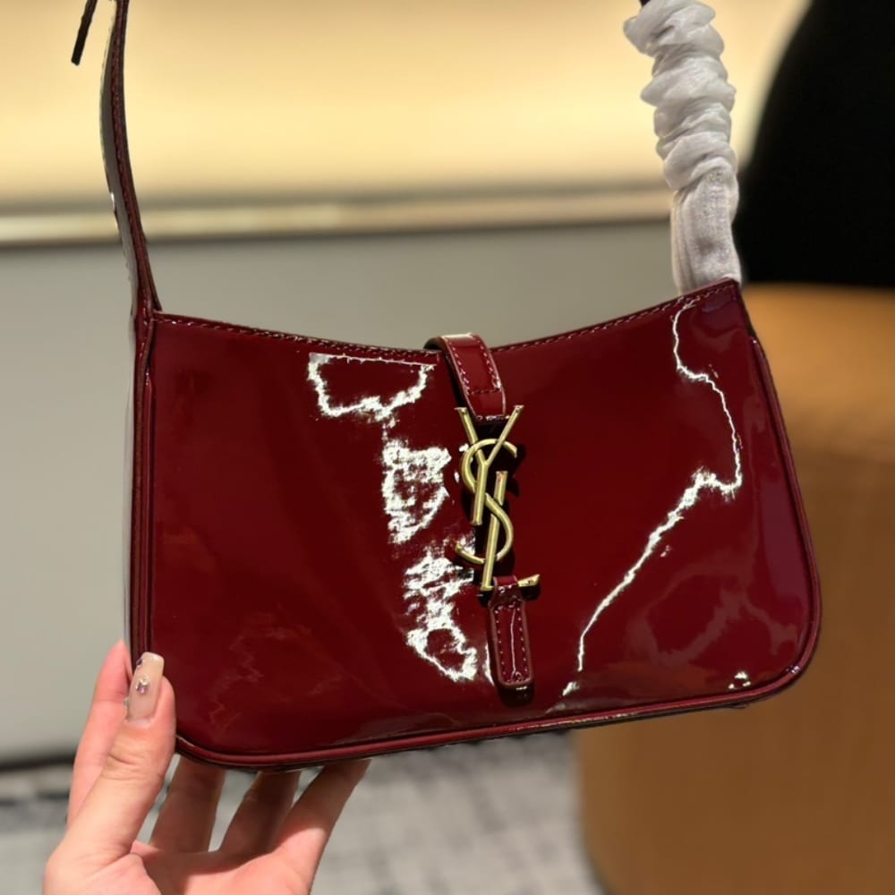 Saint Laurent Le 5 A 7 Patent Hobo Bag In Shiny Leather Wine Red 25Cm