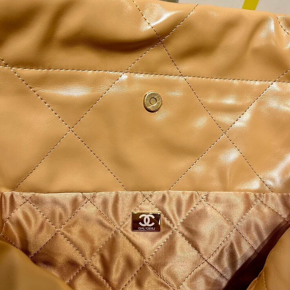 Chanel 22 Small Handbag Shiny Calfskin Camel Gold Metal