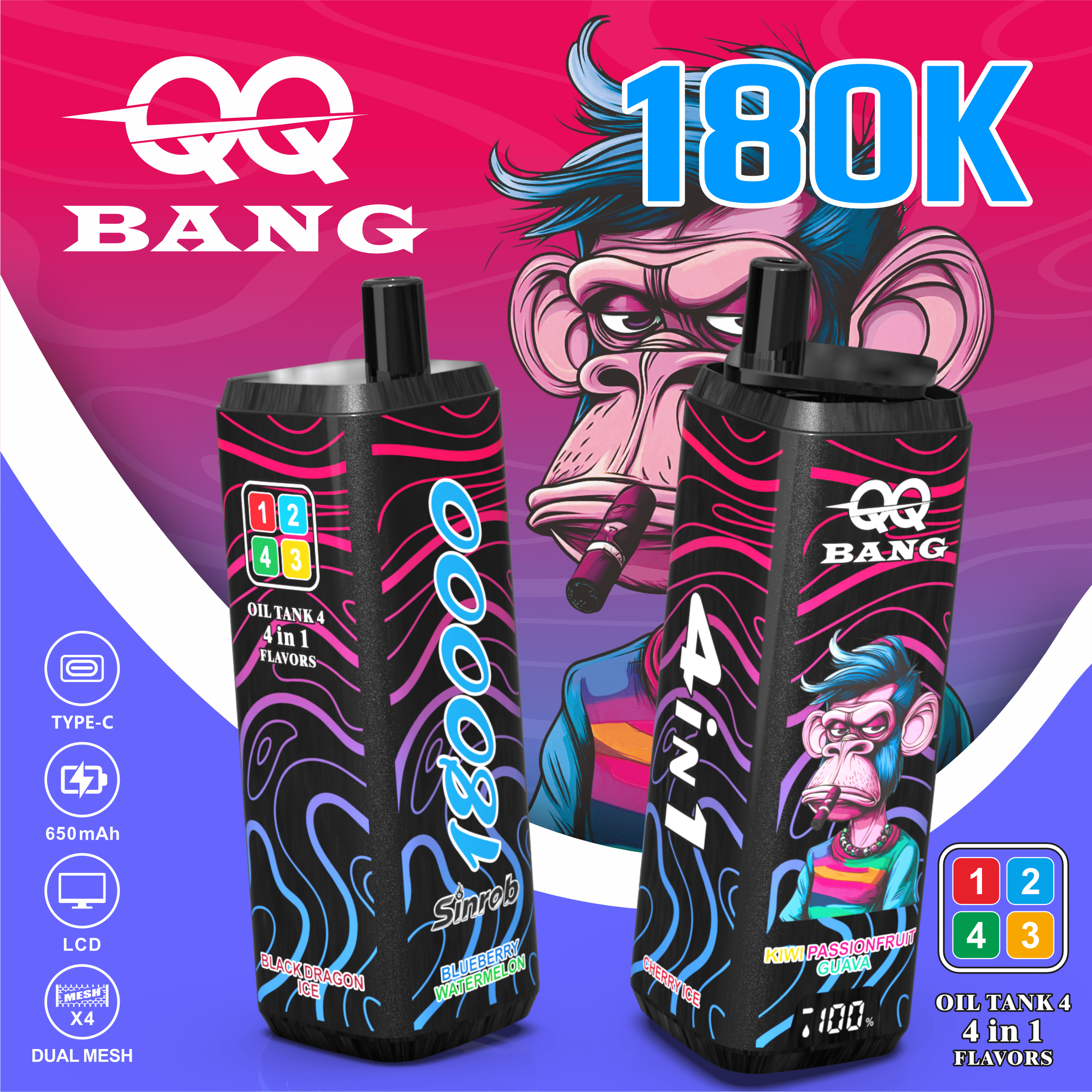 QQ BANG 180K Puffs Prefilled Hookah Vape |  Rechargeable
