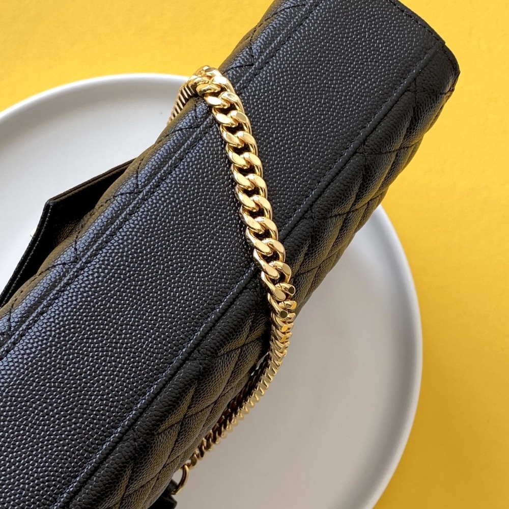 Saint Laurent Envelope Medium In Quilted Grain De Poudre Embossed Leather Black Gold 24Cm 600185Bow911000