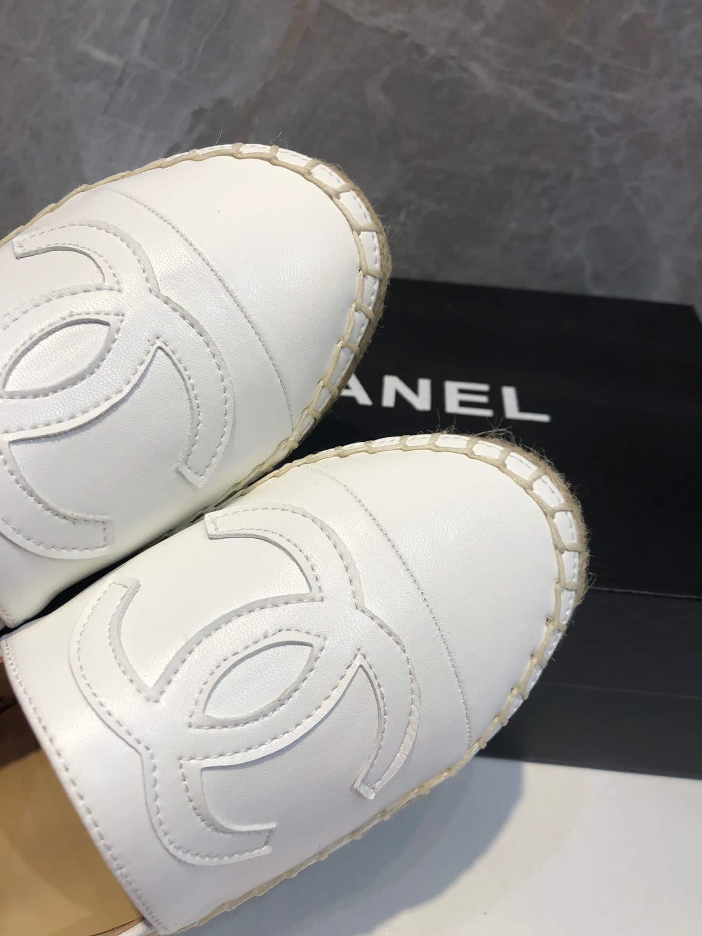 Chanel Embroidered Espadrille Leather Cap Toe Flats White