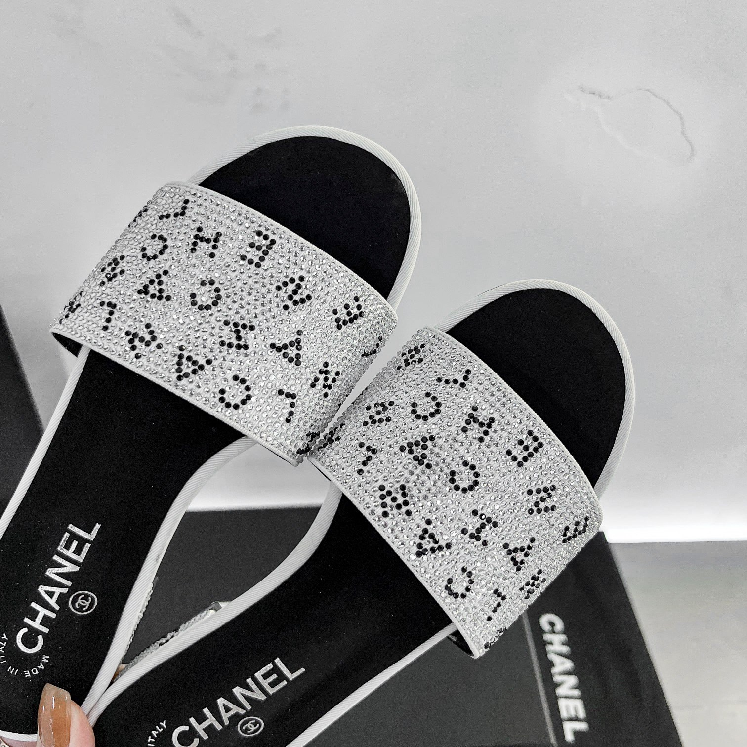 Chanel 24P Beaded Diamond Logo Slippers Silver