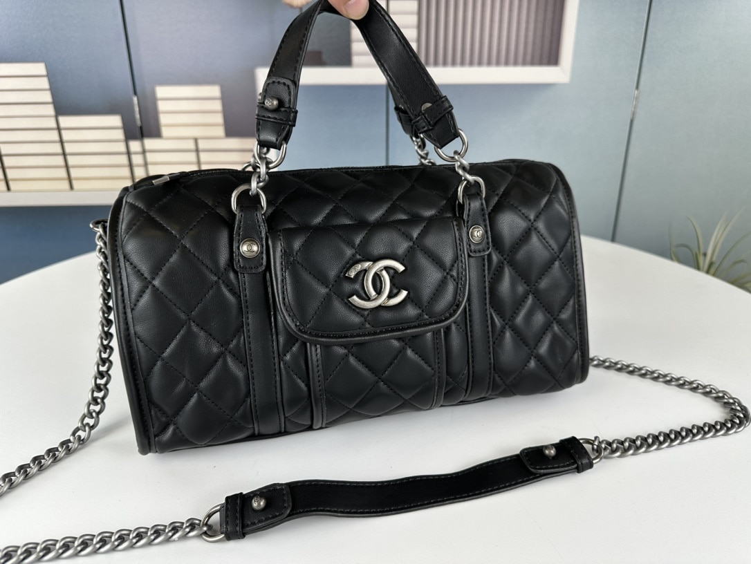 Chanel Casual Riviera Bowling Bag Quilted Calfskin Medium Black 32Cm/12.6in