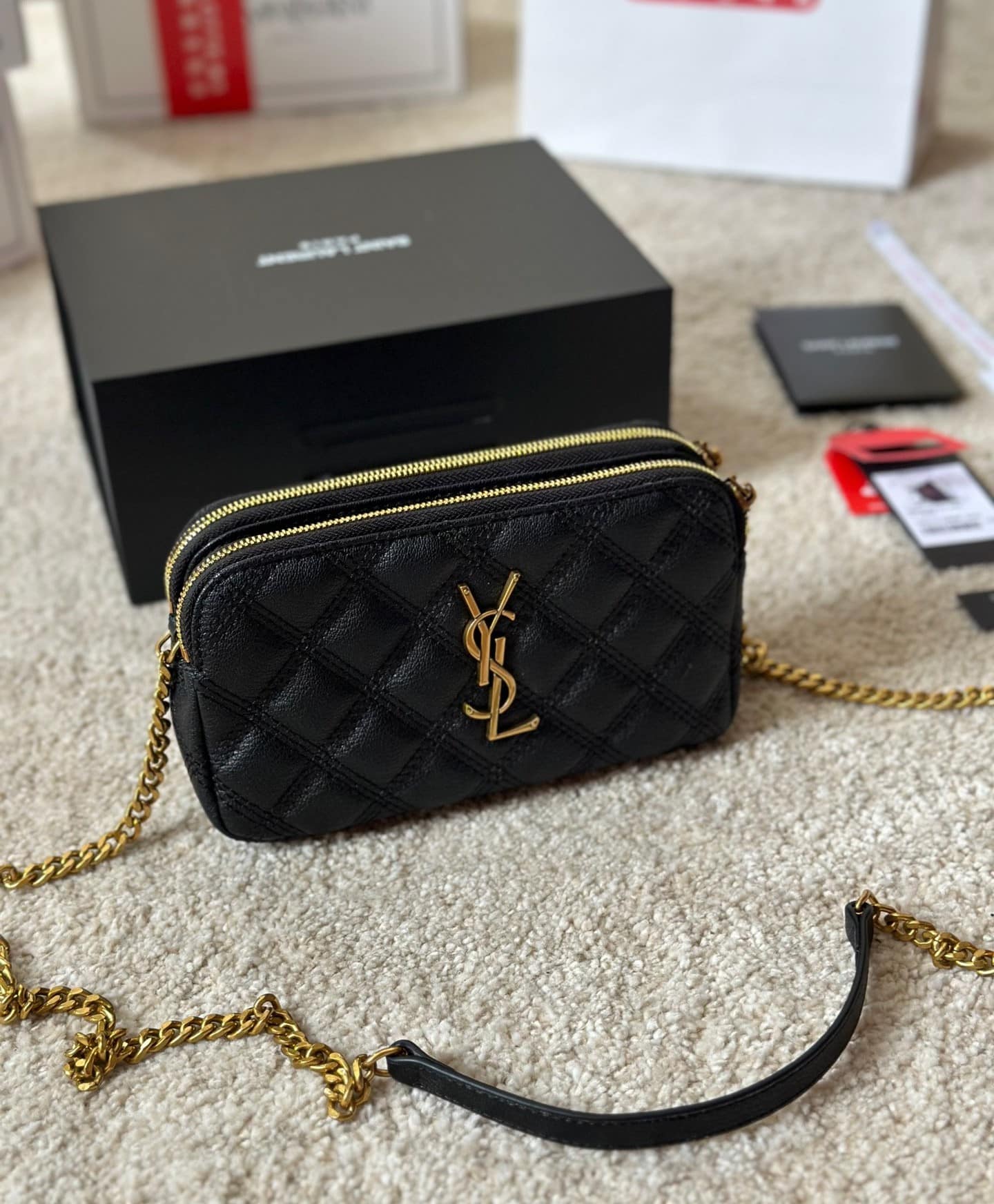 Saint Laurent Becky Quilted Double Zip Pouch Bag Black 20Cm