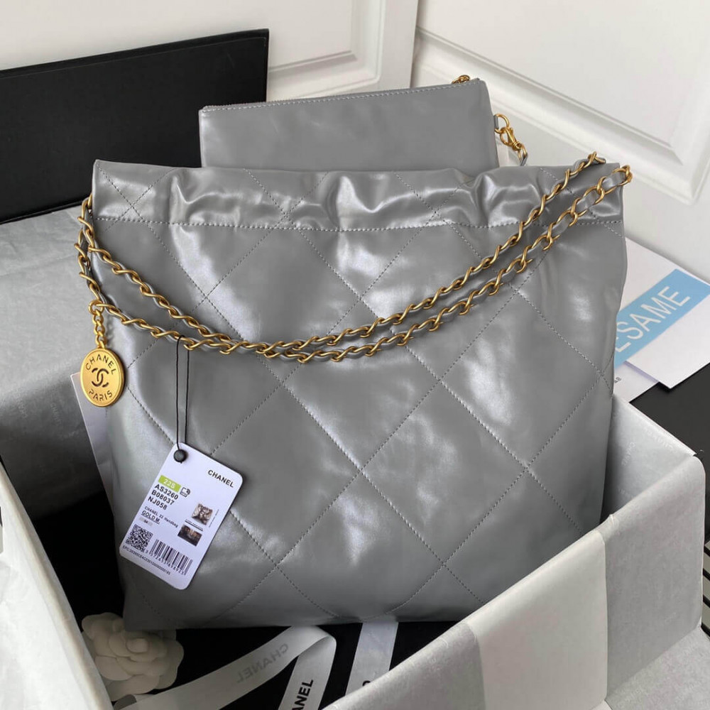 Chanel 22 Small Handbag Shiny Calfskin Grey With logo Gold