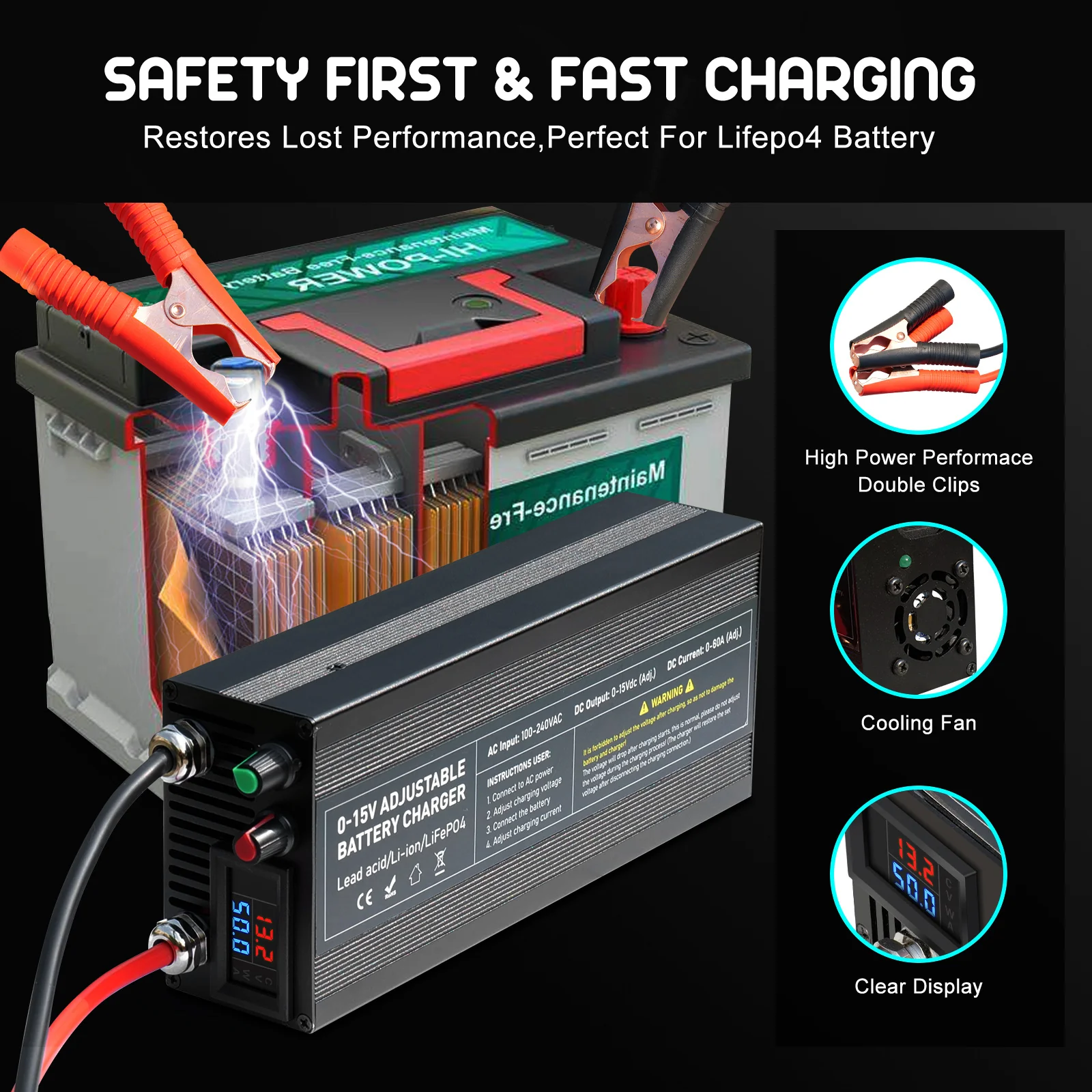 NOEIFEVO Einstellbarer Spannungs und Strombereich 0-15V 1-40A/60A /85A Batterieladegerät , Kompatibel mit 3.7V 6V 12V Lithium, LiFePO4 und Blei-Säure-Batterien