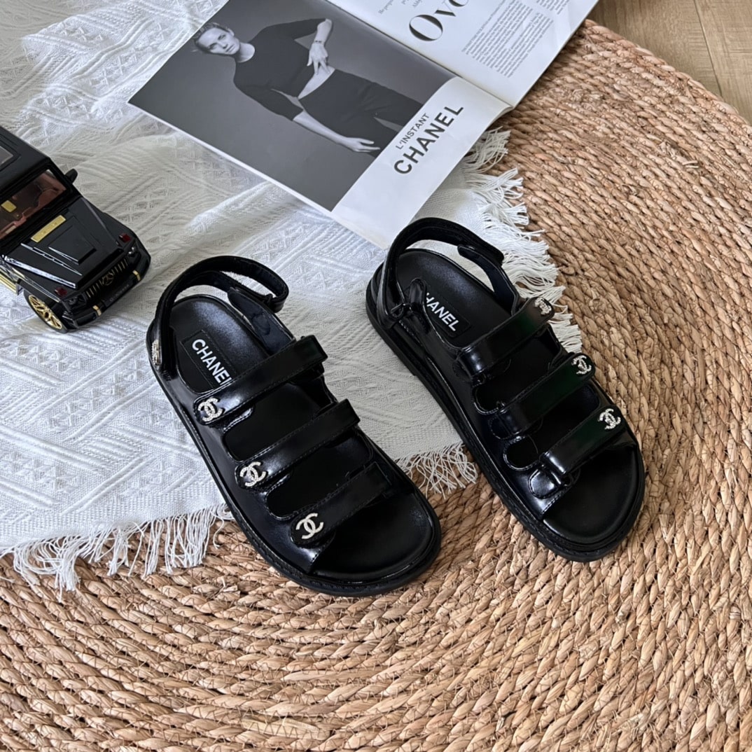 Chanel Triple Velcro Strap Sandals Black G45628 B16403 94305