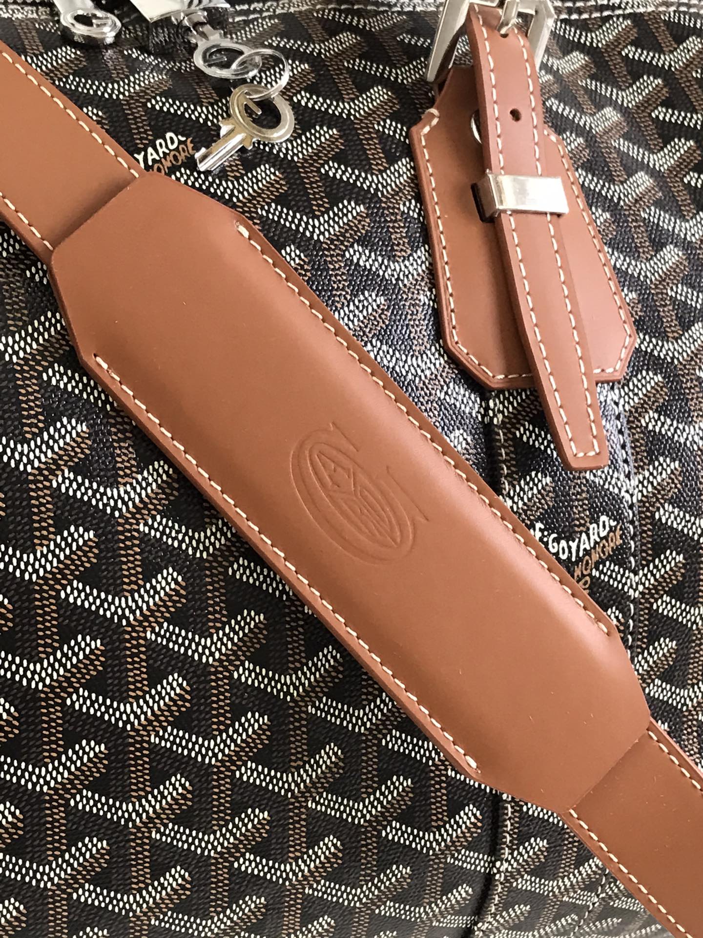 Goyard Boston 50 Bag Cm Black Goyardine Canvas And Tan Calfskin Trim