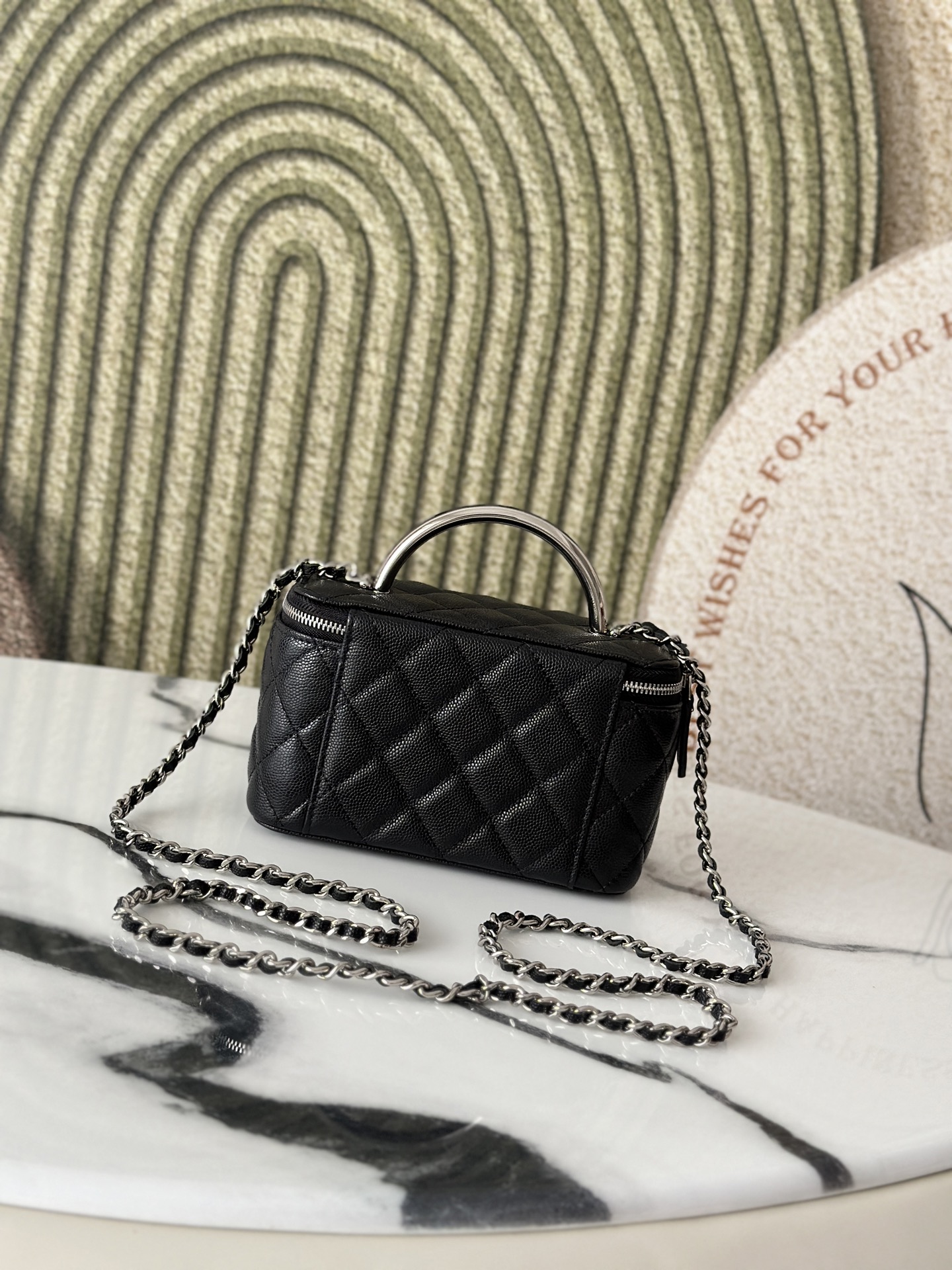 Black Caviar Quilted Vanity Case with Silver Metal Handle & Silver Hardware