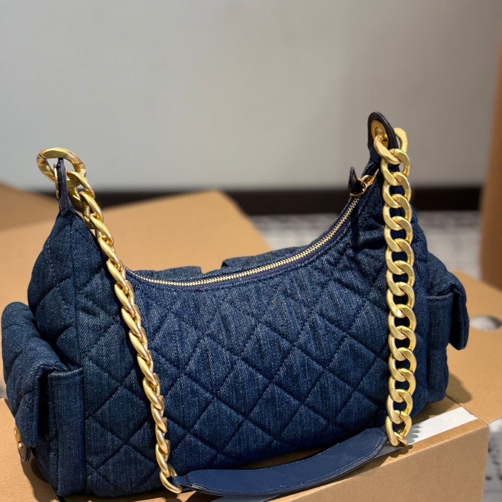 Chanel Large Hobo Bag Washed Denim And Gold Tone Metal Dark Blue 31Cm