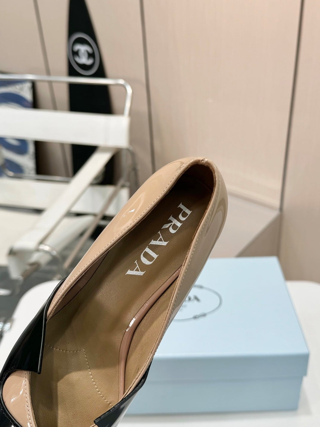 Prada Two Tone Toe Kitten Heels In Black And Beige