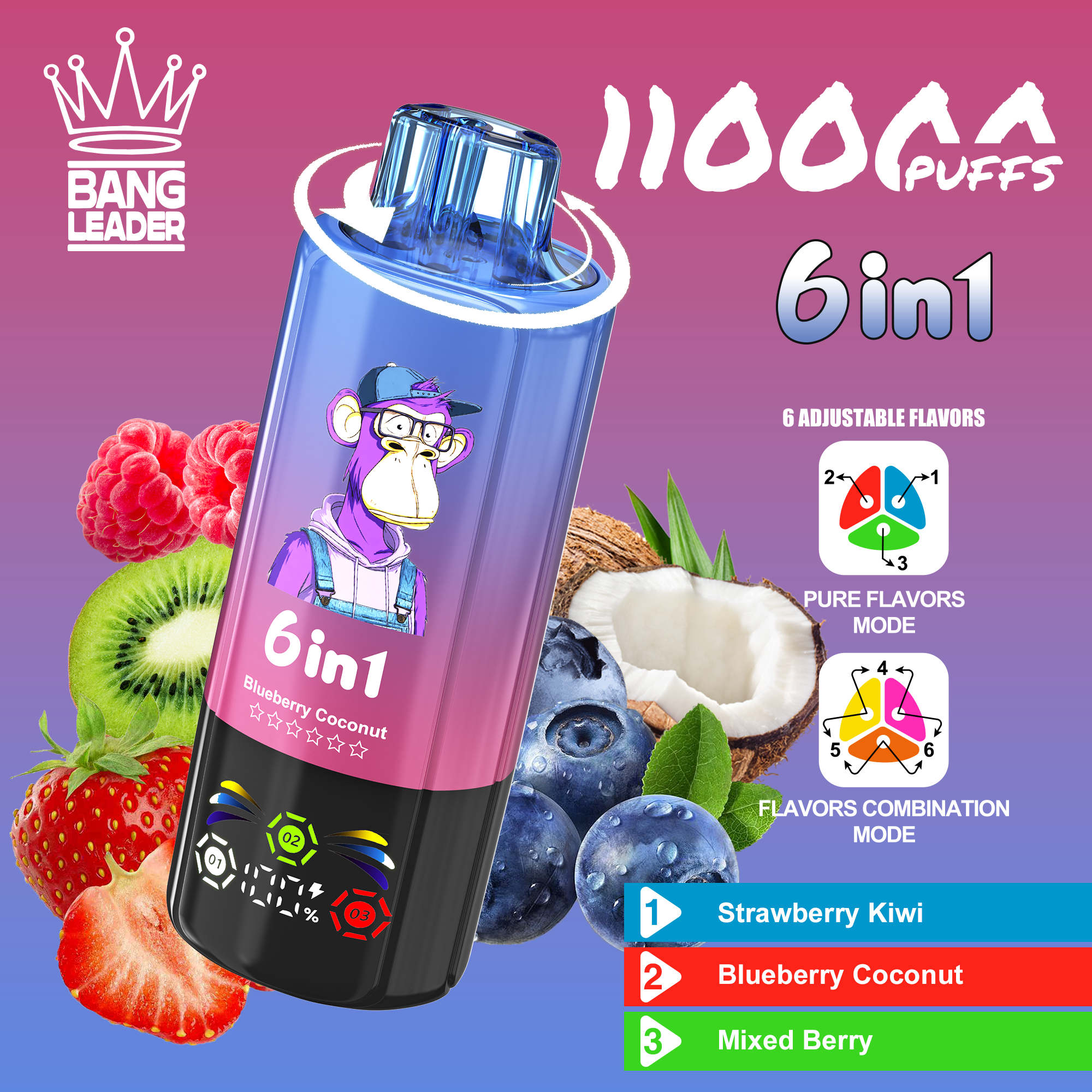 Bang Leader 110K Puffs 6-in-1 Prefilled  Vape | 6 Flavors in 1 Device,  Rechargeable, 3%/5%