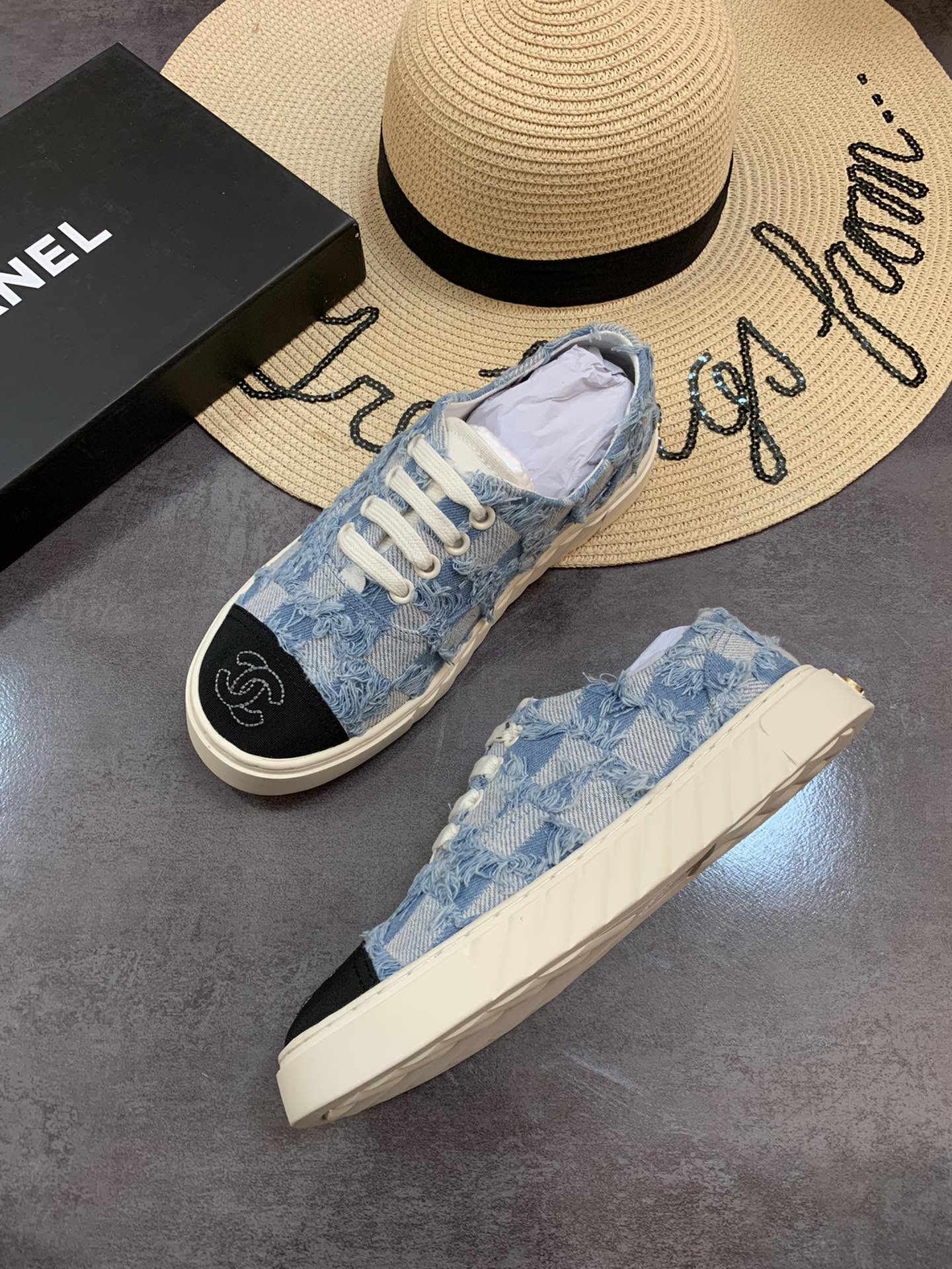 Chanel Cc Sneakers Mix Denim Blue