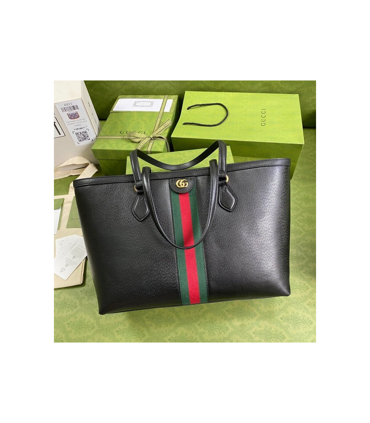 Gucci Ophidia Black Leather Tote Bag with Web Stripe 38cm/15in