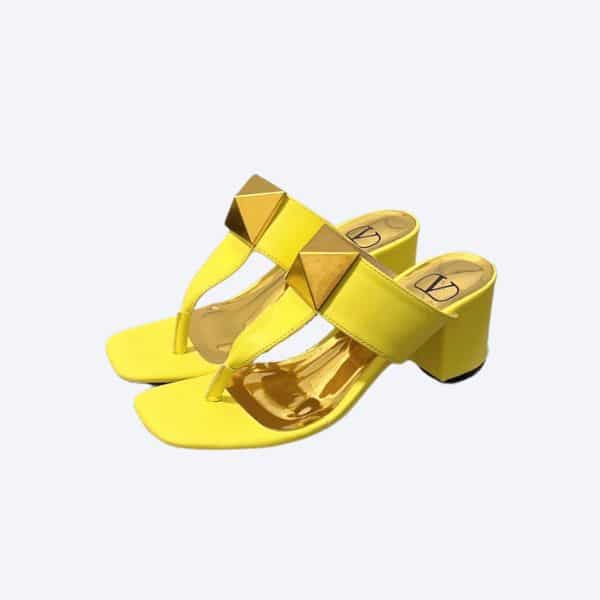 Valentino One Stud Metallic Nappa Flat Middle Heel Yellow Thong Sandal
