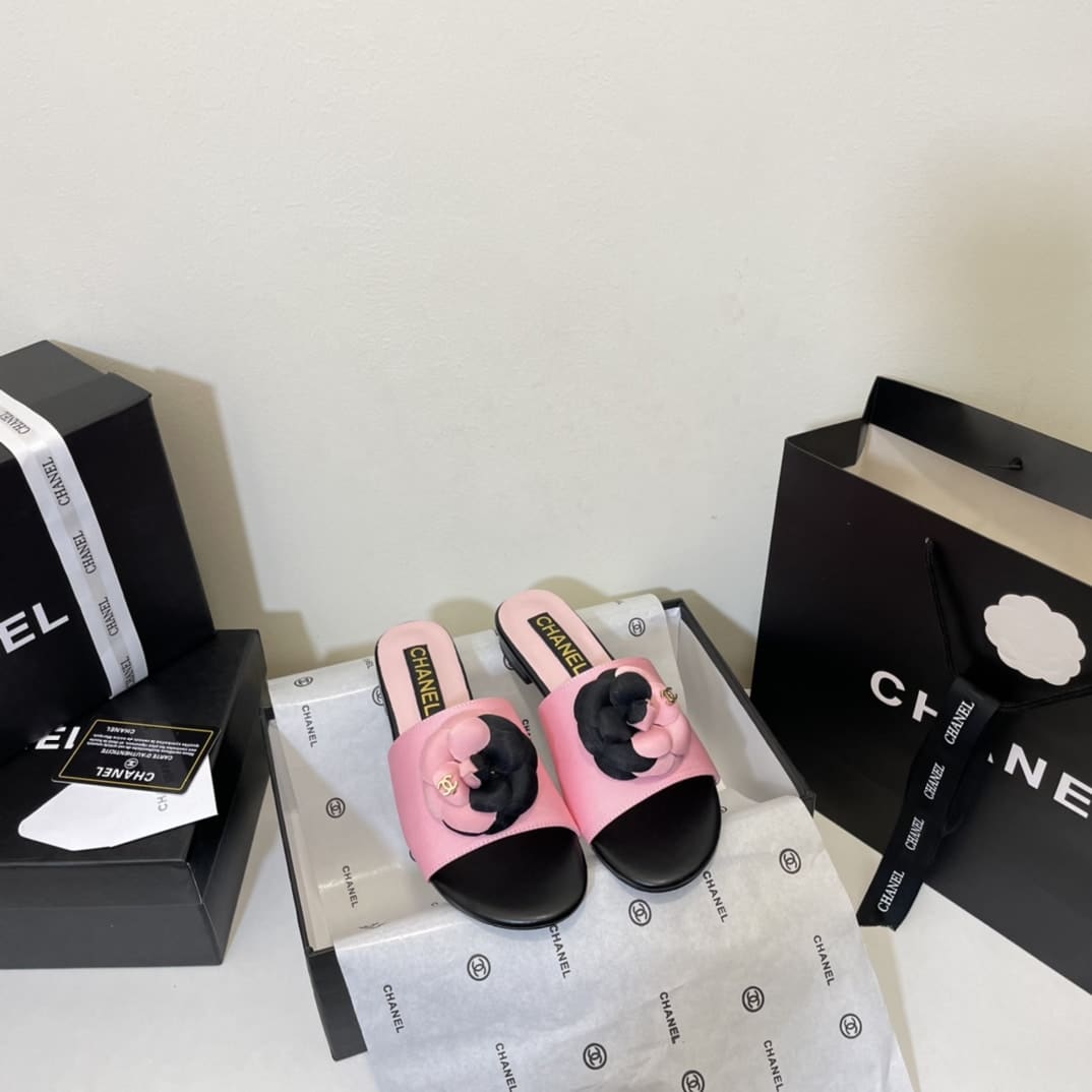 Chanel Camellia Slides Pink Black