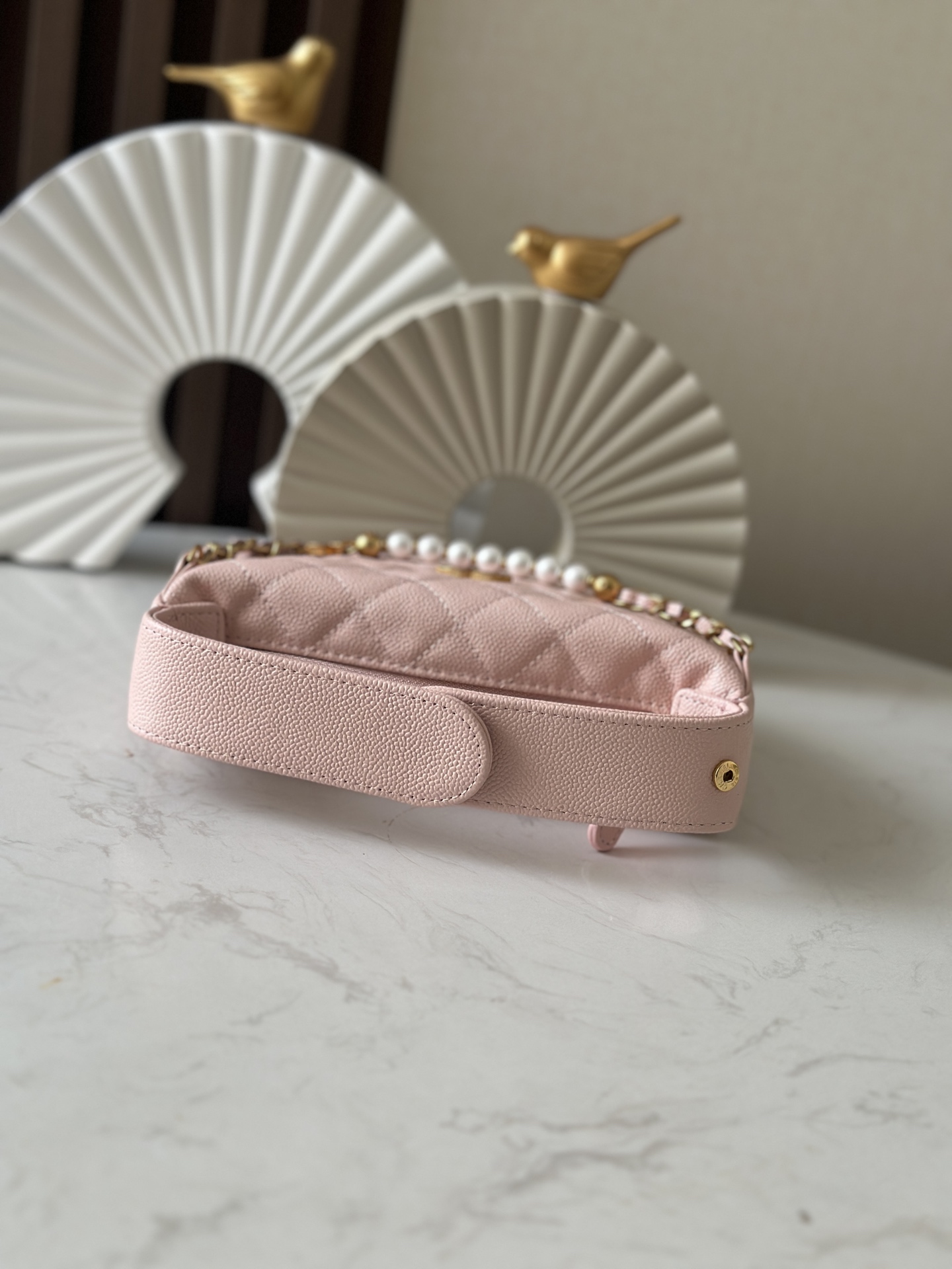 25S Pink Quilted Caviar Calfskin Half MoonHula Hoop Bag with Pearl Chain