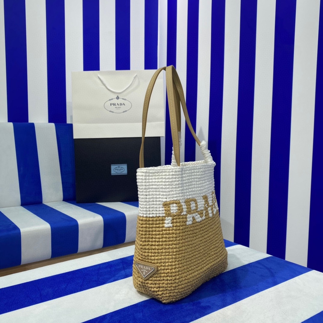 Prada Raffia Tote Bag Beige 23cm