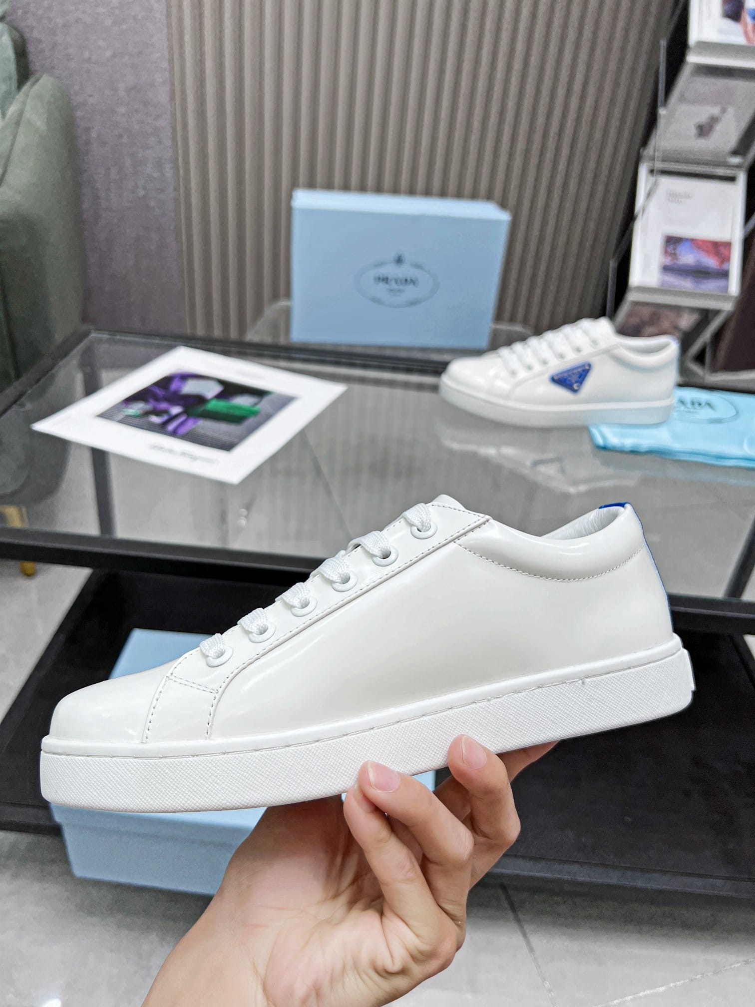 Prada Brushed Sneakers Leather White White Cobalt Blue