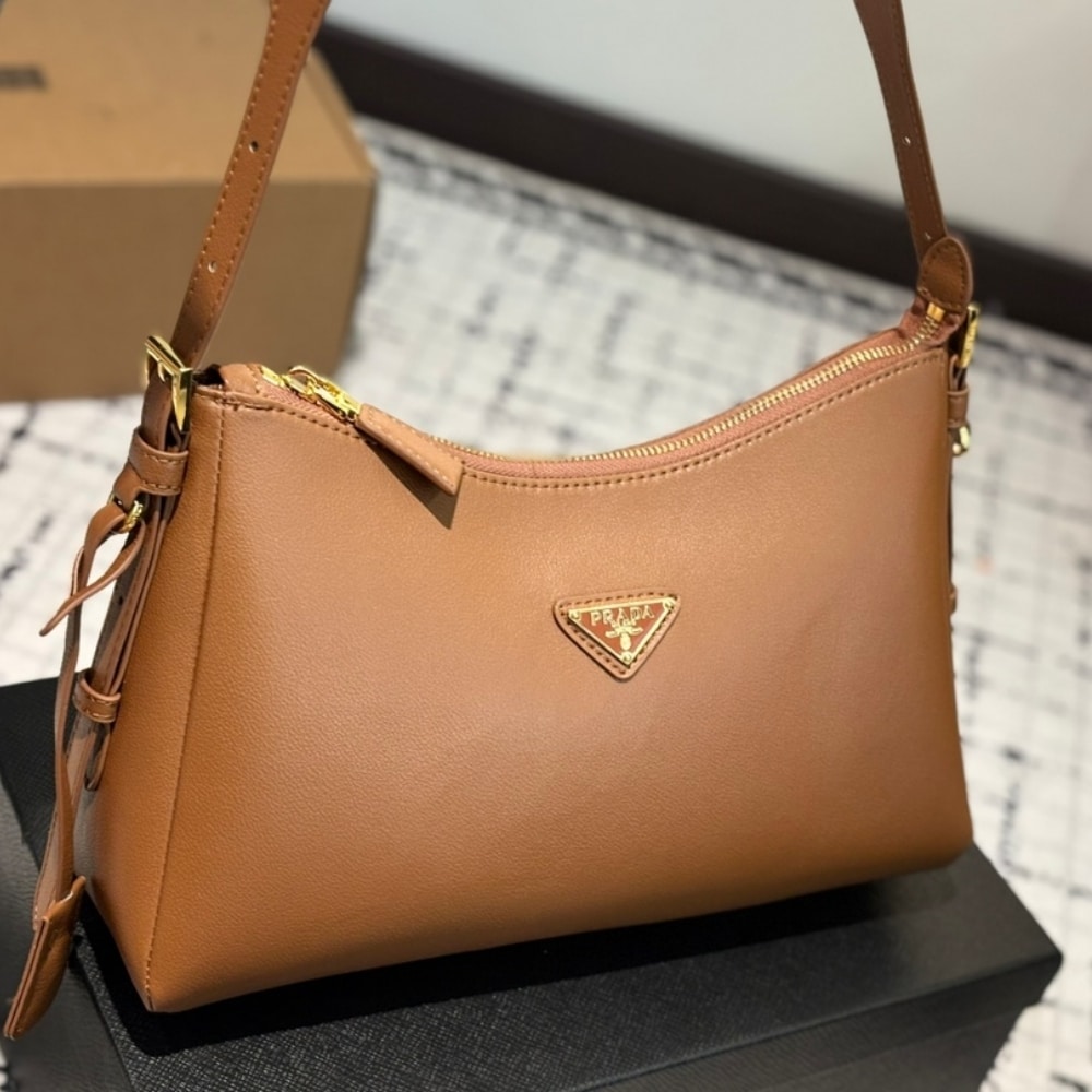 Prada Medium Aimee Zip Leather Shoulder Bag Brown 30Cm