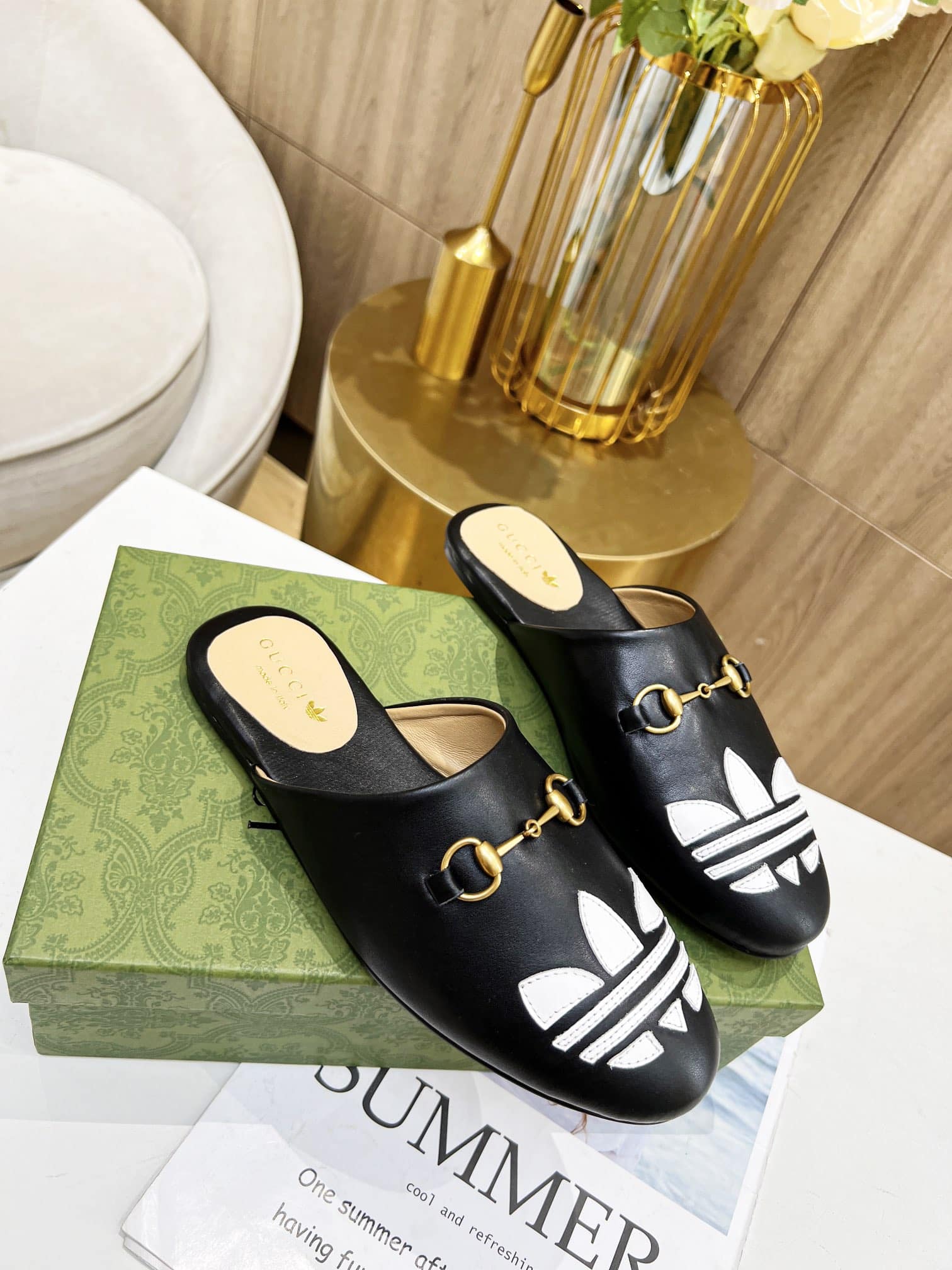 Gucci X Adidas Women’S Trefoil Slipper Leather Black