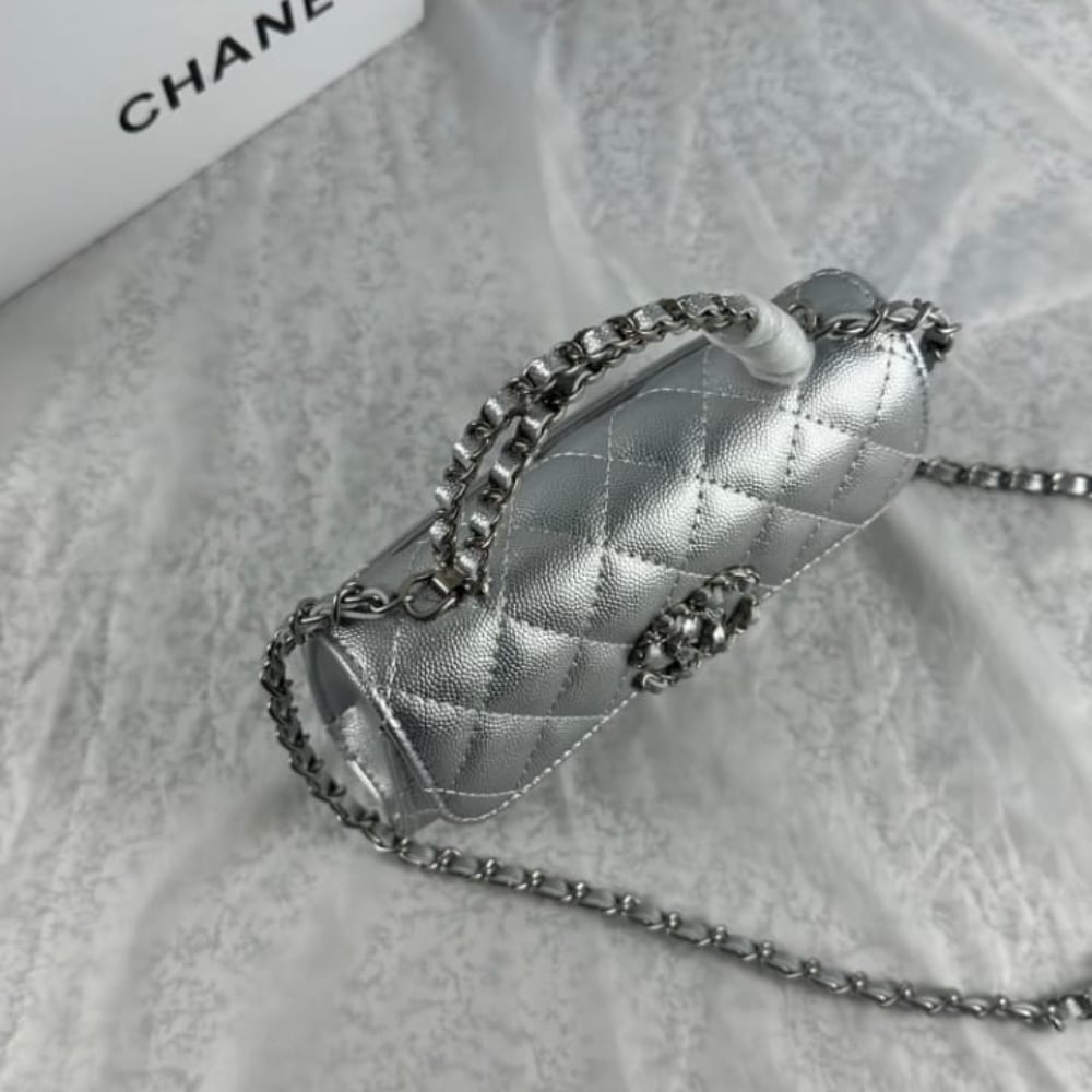 Chanel 23P Clutch With Chain Bag Grained Leather Silver 18cm