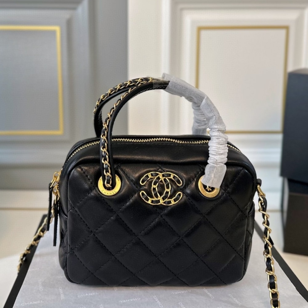 Chanel 25c Chain Handle Bowling Bag Black 18cm