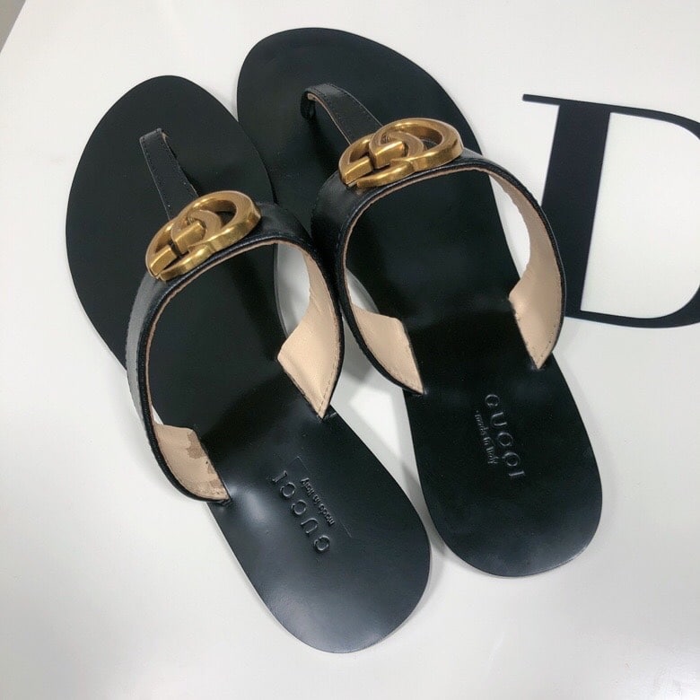 Gucci Double G Thong Leather Black ?497444 A3N00 1000