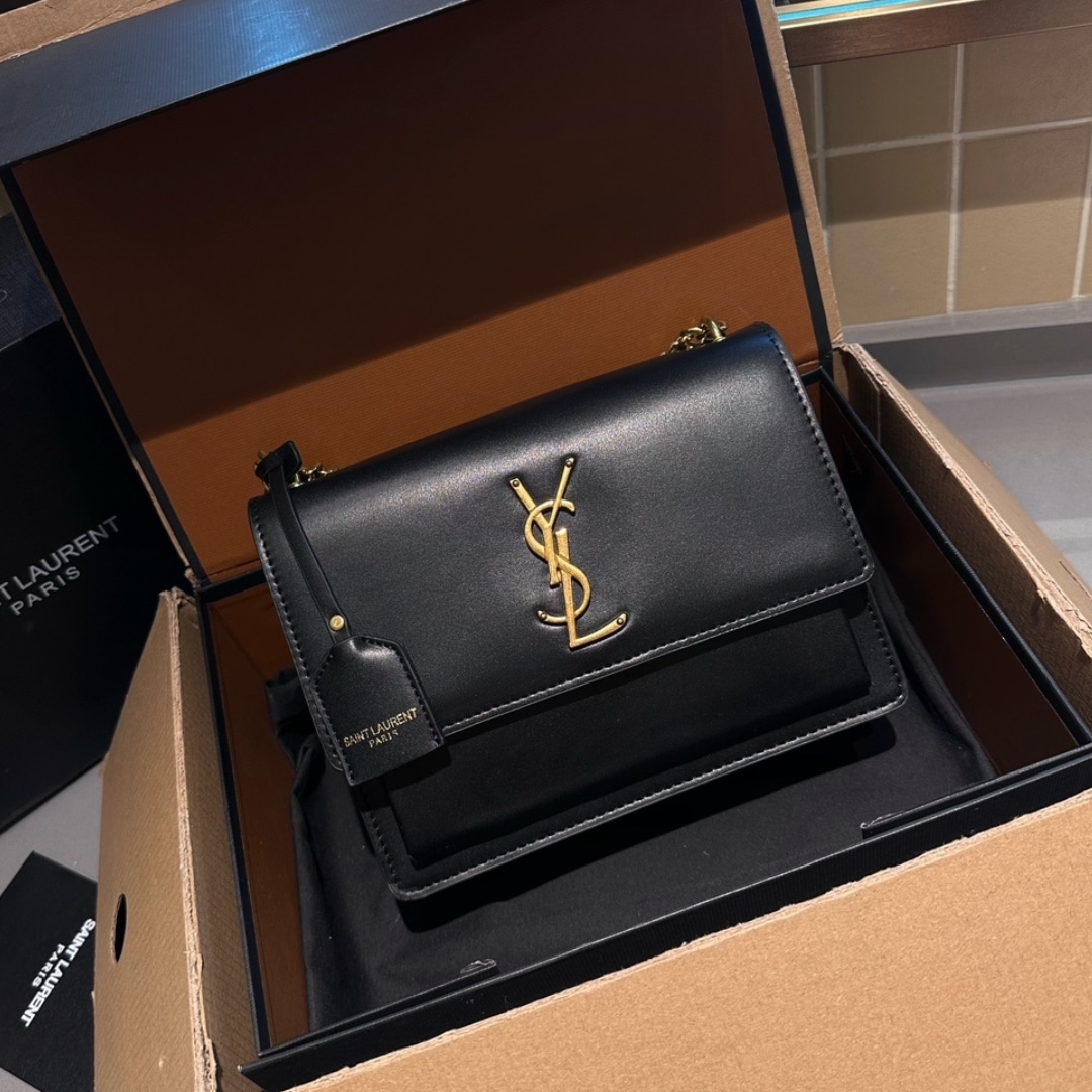 Saint Laurent Sunset Smooth Leather Shoulder Bag Black 23Cm