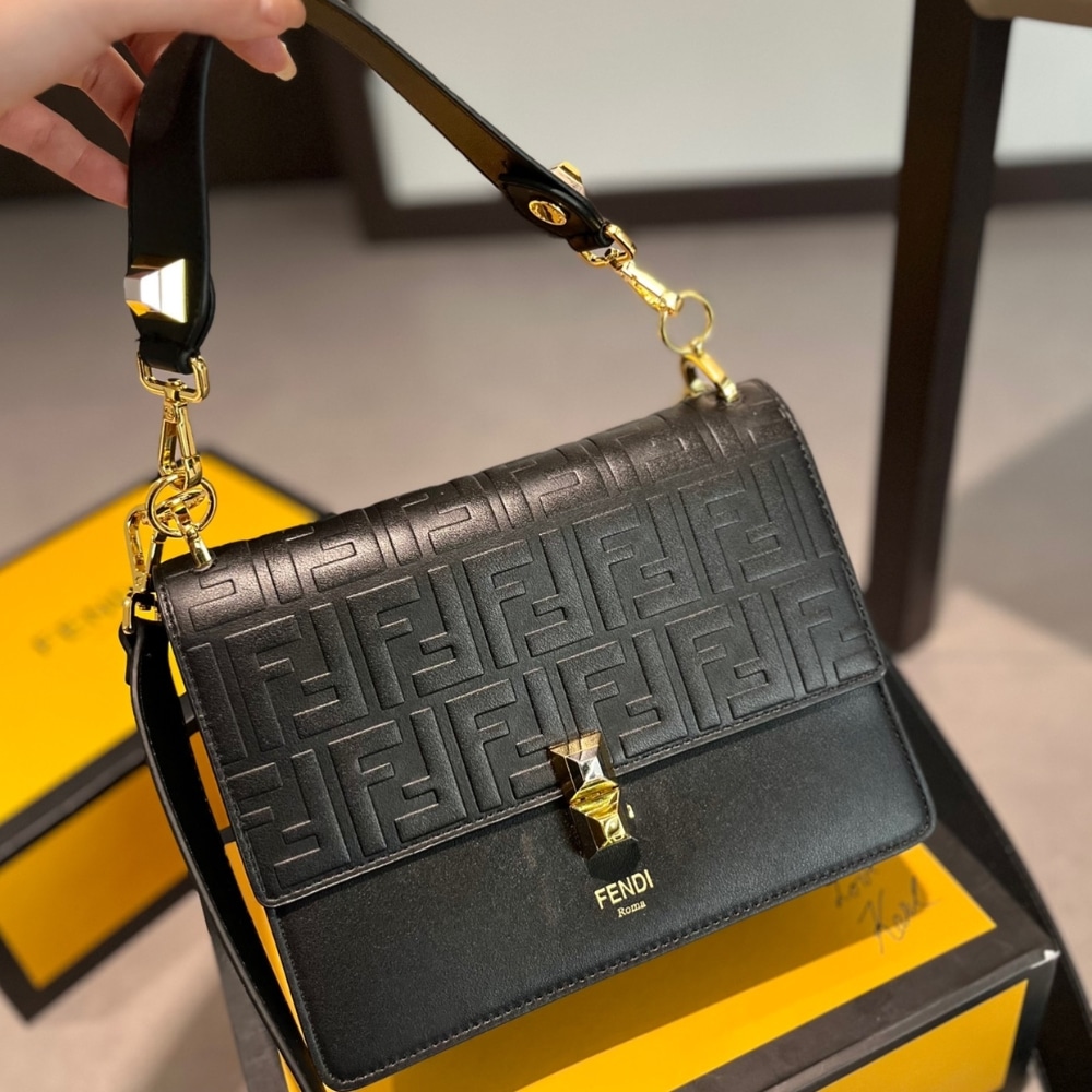 Fendi Diagonal Flat Pouch Ff Jacquard Fabric Bag Black And Grey 26Cm