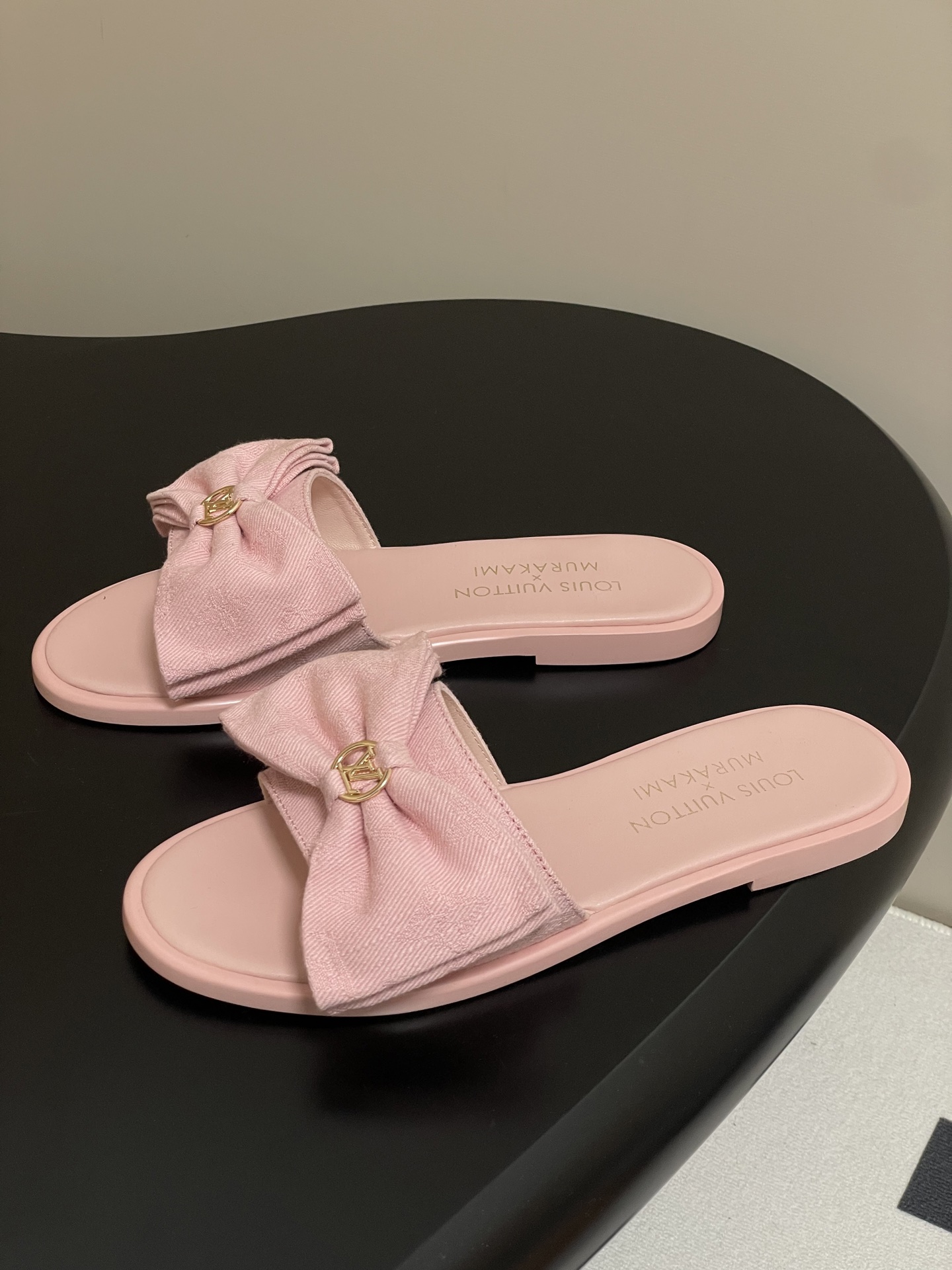 Louis Vuitton x Takashi Murakami Lily Flat Mule Bow Slide Sandals Black Canvas 1AGVYA