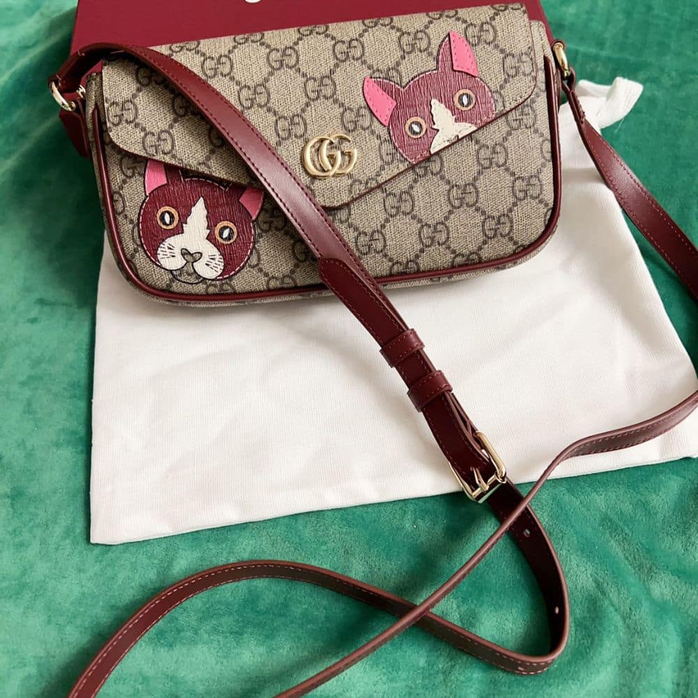 Gucci Gg Mini Shoulder Bag With Cat Detail Beige And Dark Brown 22Cm