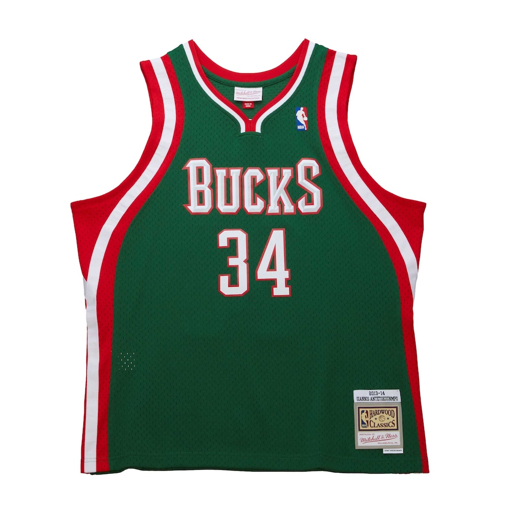 Men's Milwaukee Bucks Giannis Antetokounmpo Mitchell & Ness Hunter Green 2013/14 Hardwood Classics Swingman Jersey