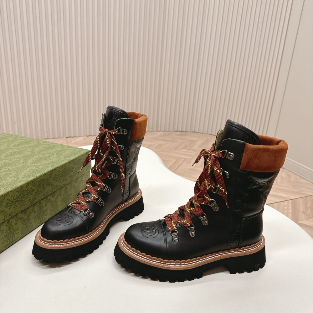Gucci Women Lace Up Ankle Boot Black And Tan 758284 Aacm1 1046