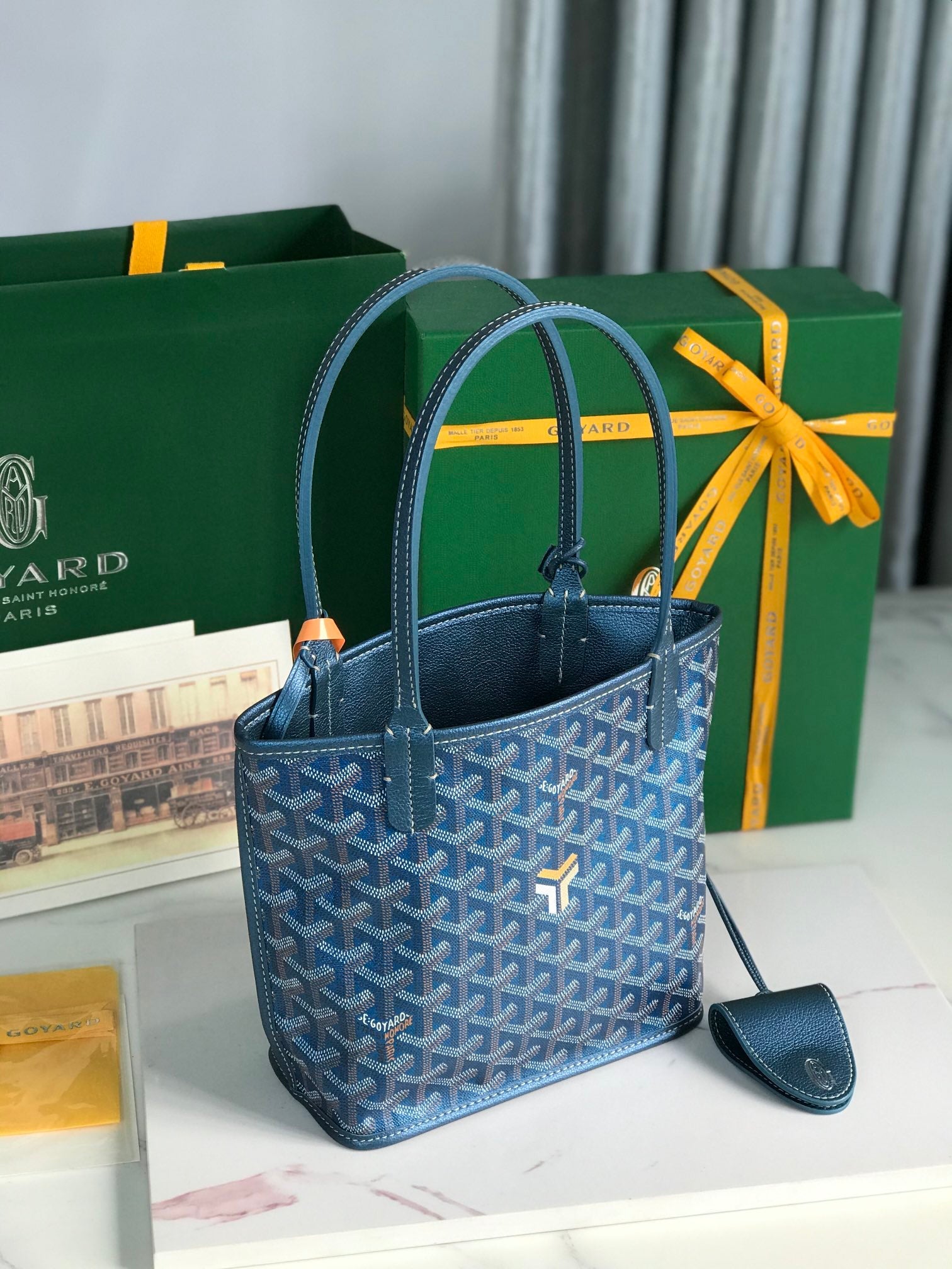 Goyard Anjou Mini Bag 20Cm Deep Blue Canvas Chevroches Calfskin