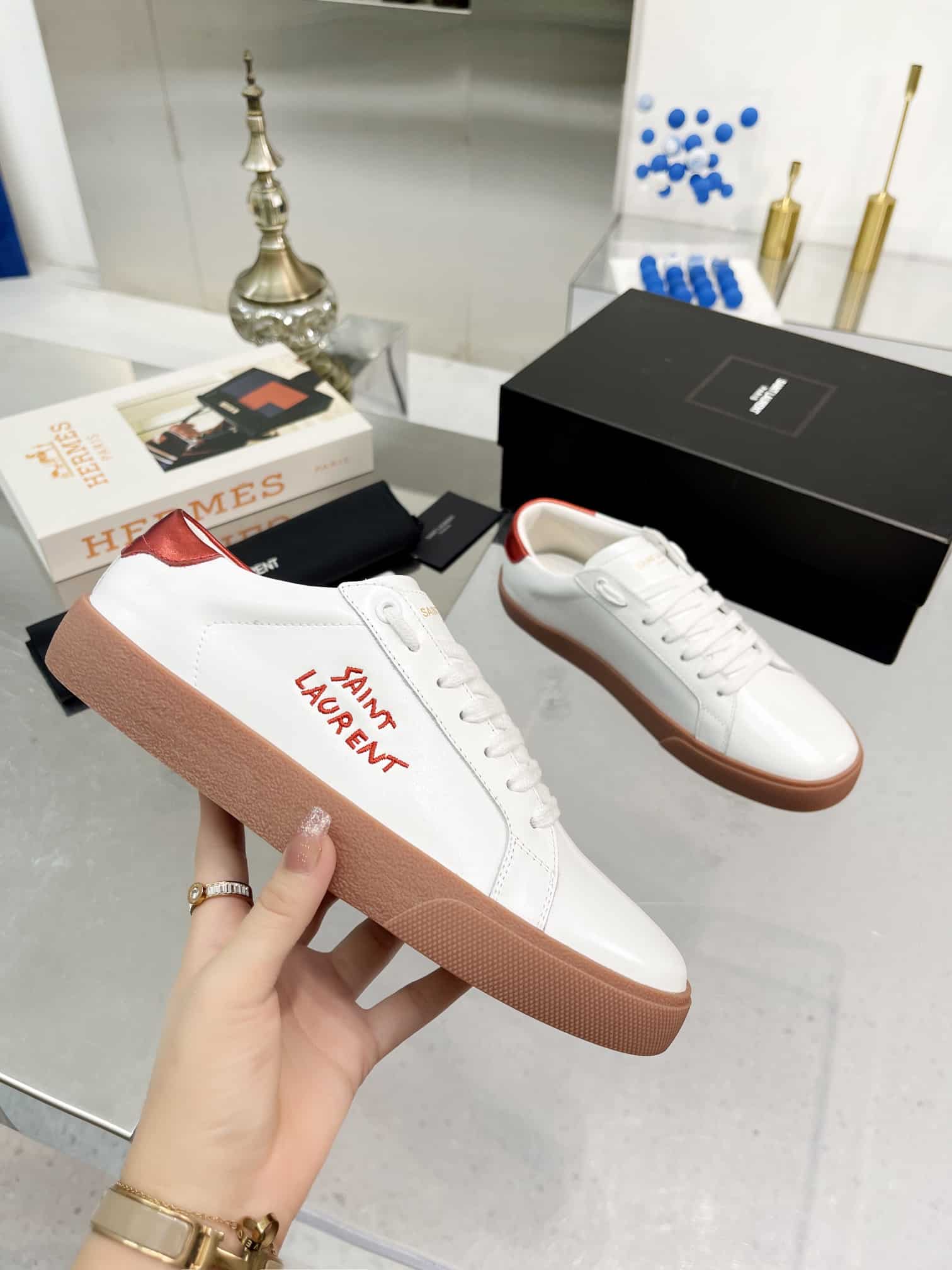 Saint Laurent Court Classic Embroidered Sneakers White And Red